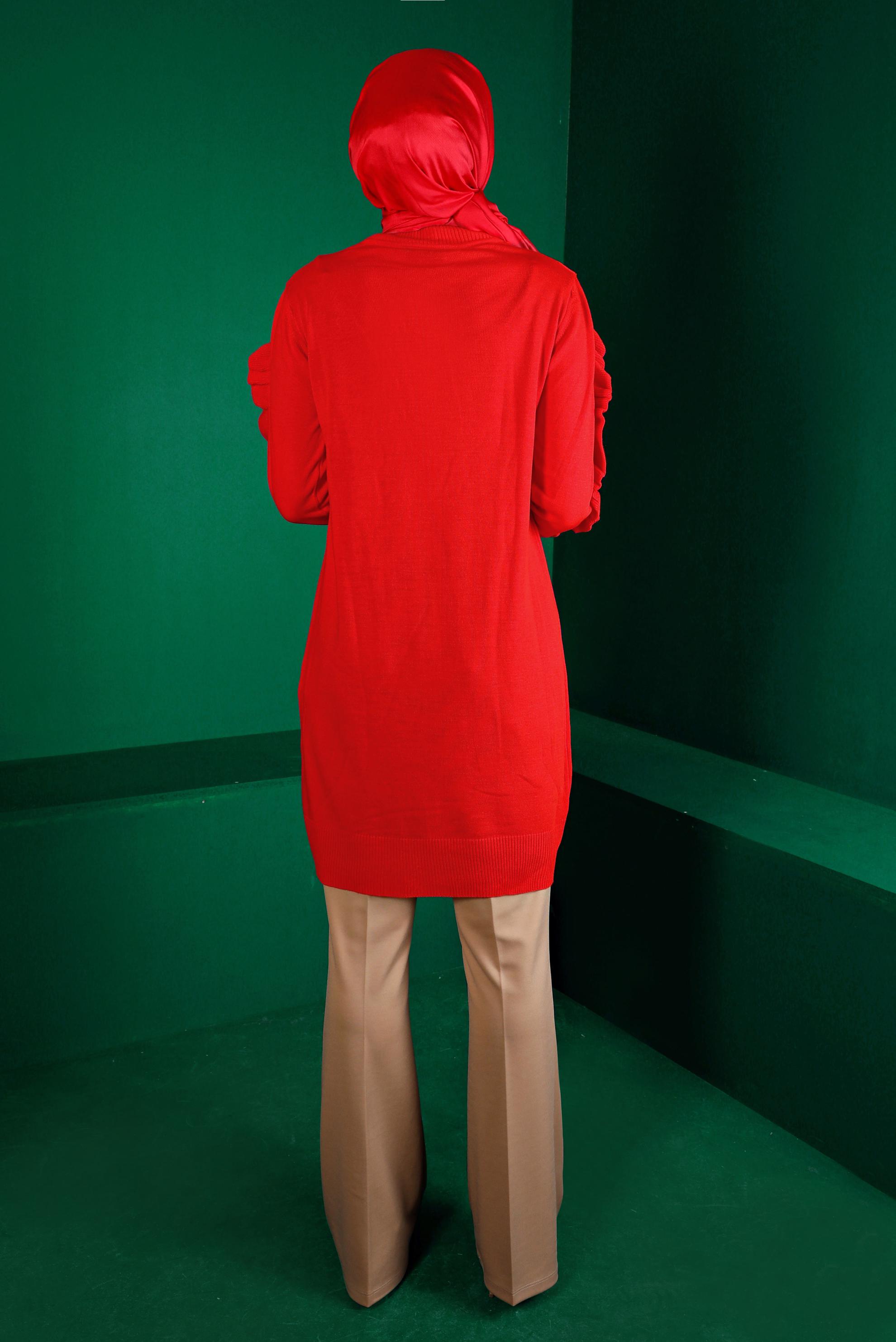 Tesettür giyim KIRMIZI FIRFIRLI TAŞLI TRİKO TUNİK 43170