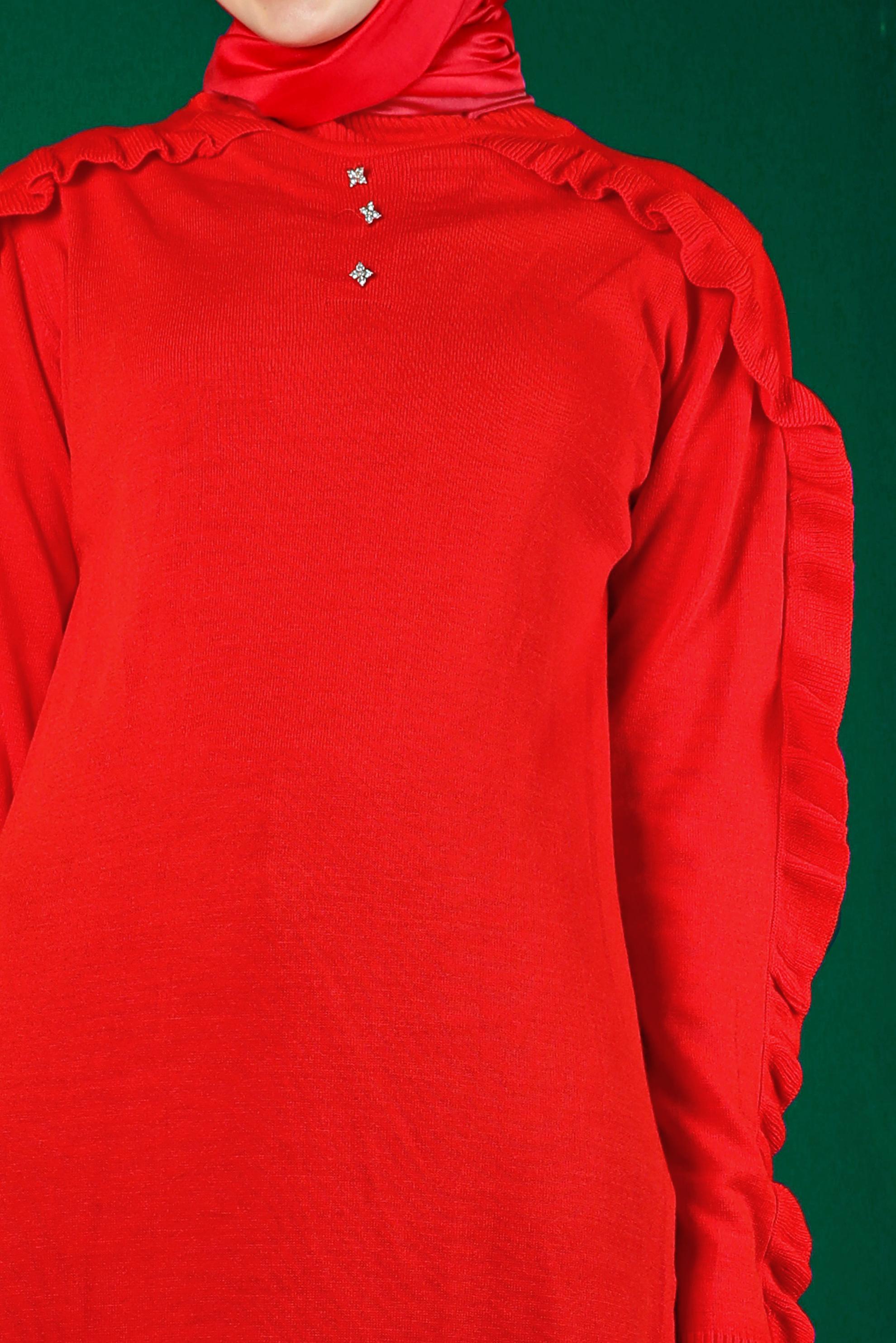 Tesettür giyim KIRMIZI FIRFIRLI TAŞLI TRİKO TUNİK 43170