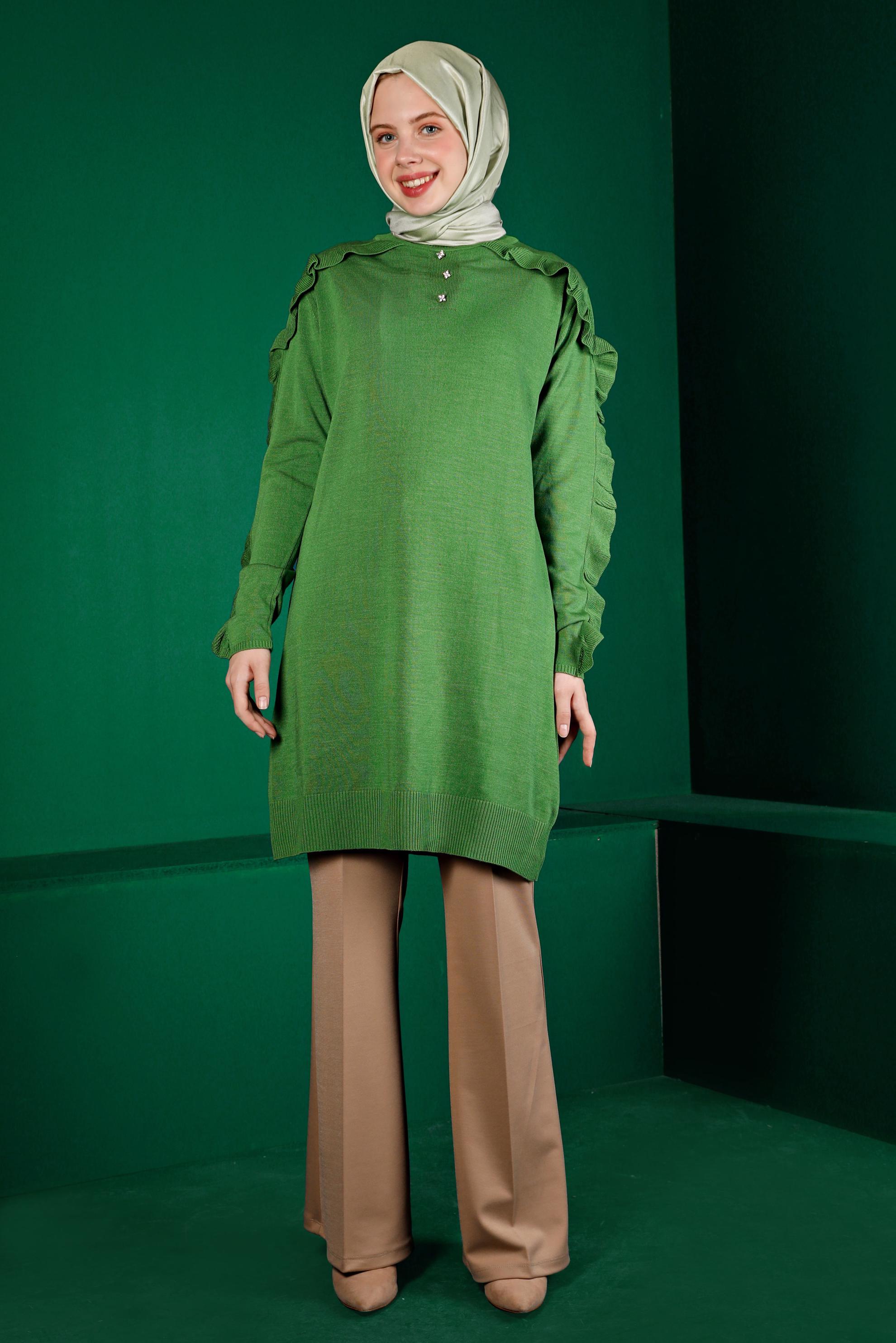 Tesettür giyim YEŞİL FIRFIRLI TAŞLI TRİKO TUNİK 43170