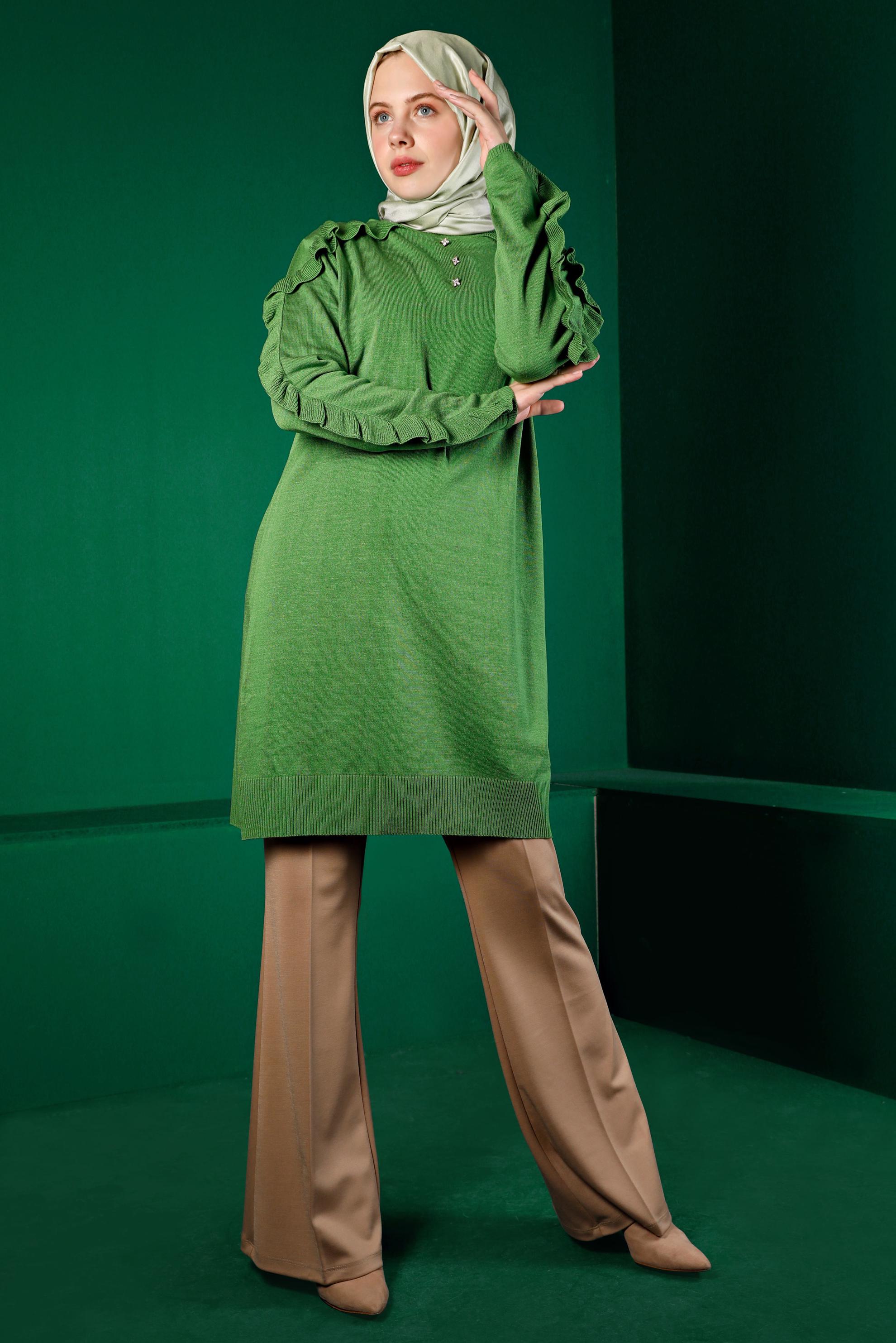 Tesettür giyim YEŞİL FIRFIRLI TAŞLI TRİKO TUNİK 43170