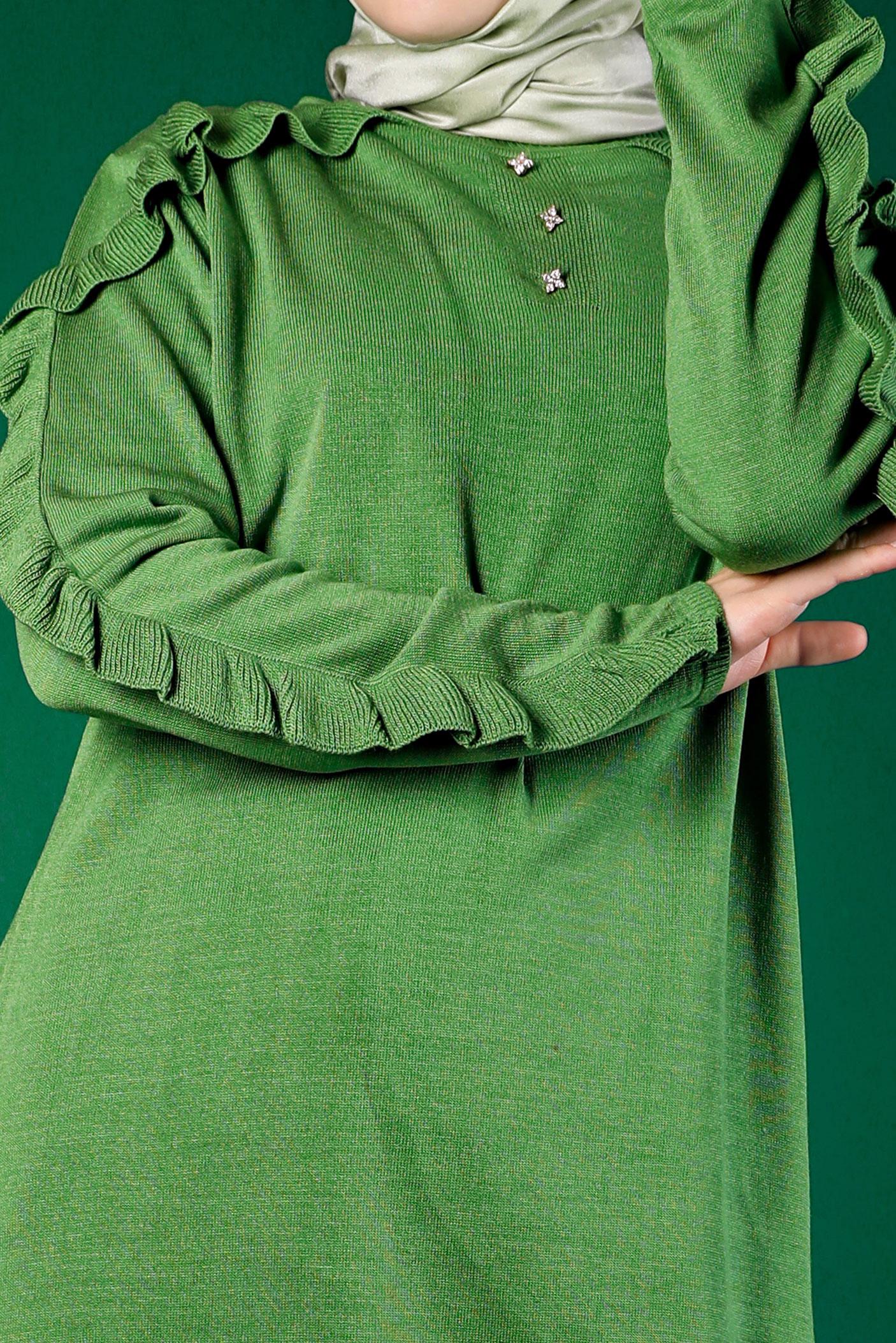 Tesettür giyim YEŞİL FIRFIRLI TAŞLI TRİKO TUNİK 43170