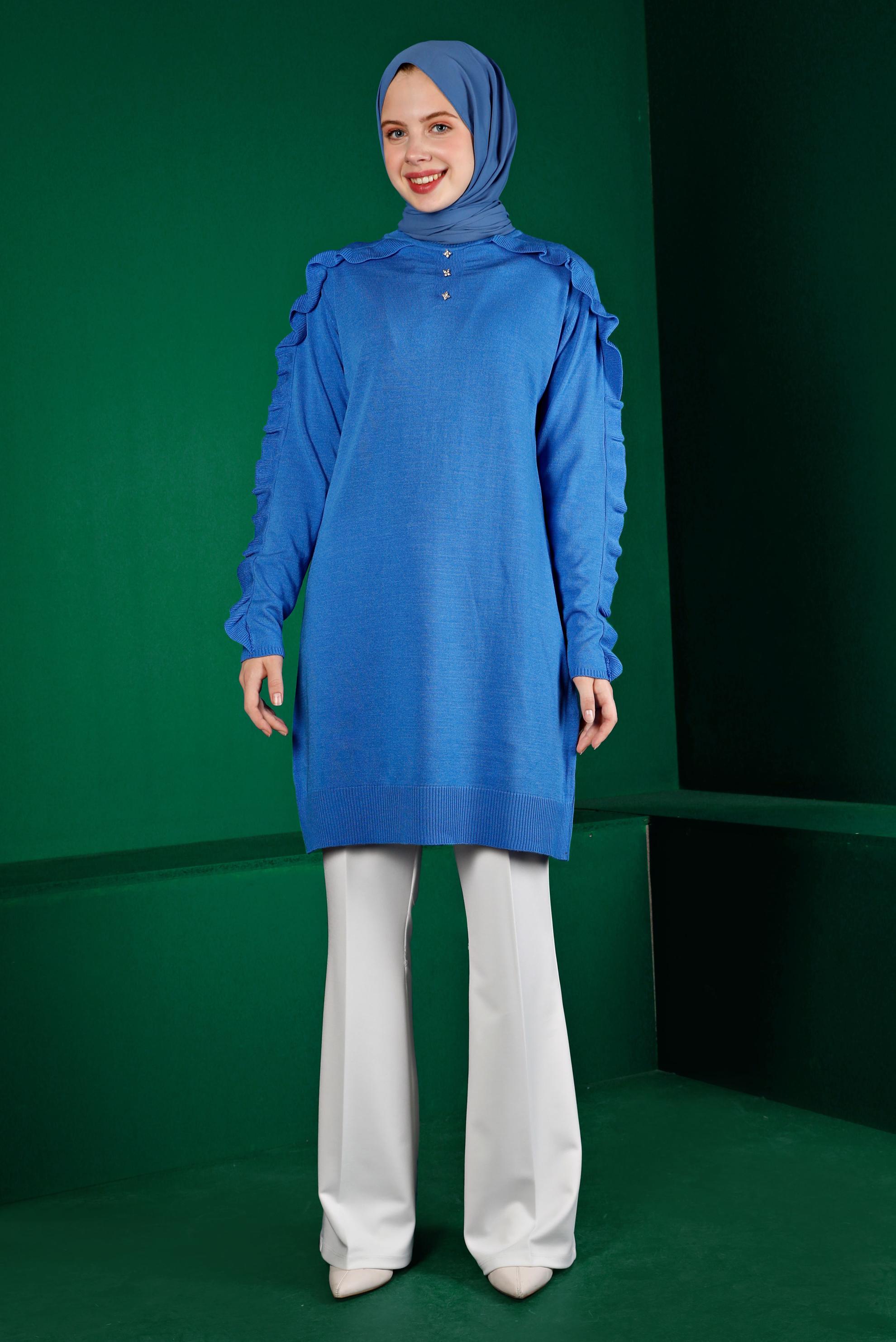 Hijab clothing BLUE RUFFLED KNITWEAR TUNIC WITH GEM 43170
