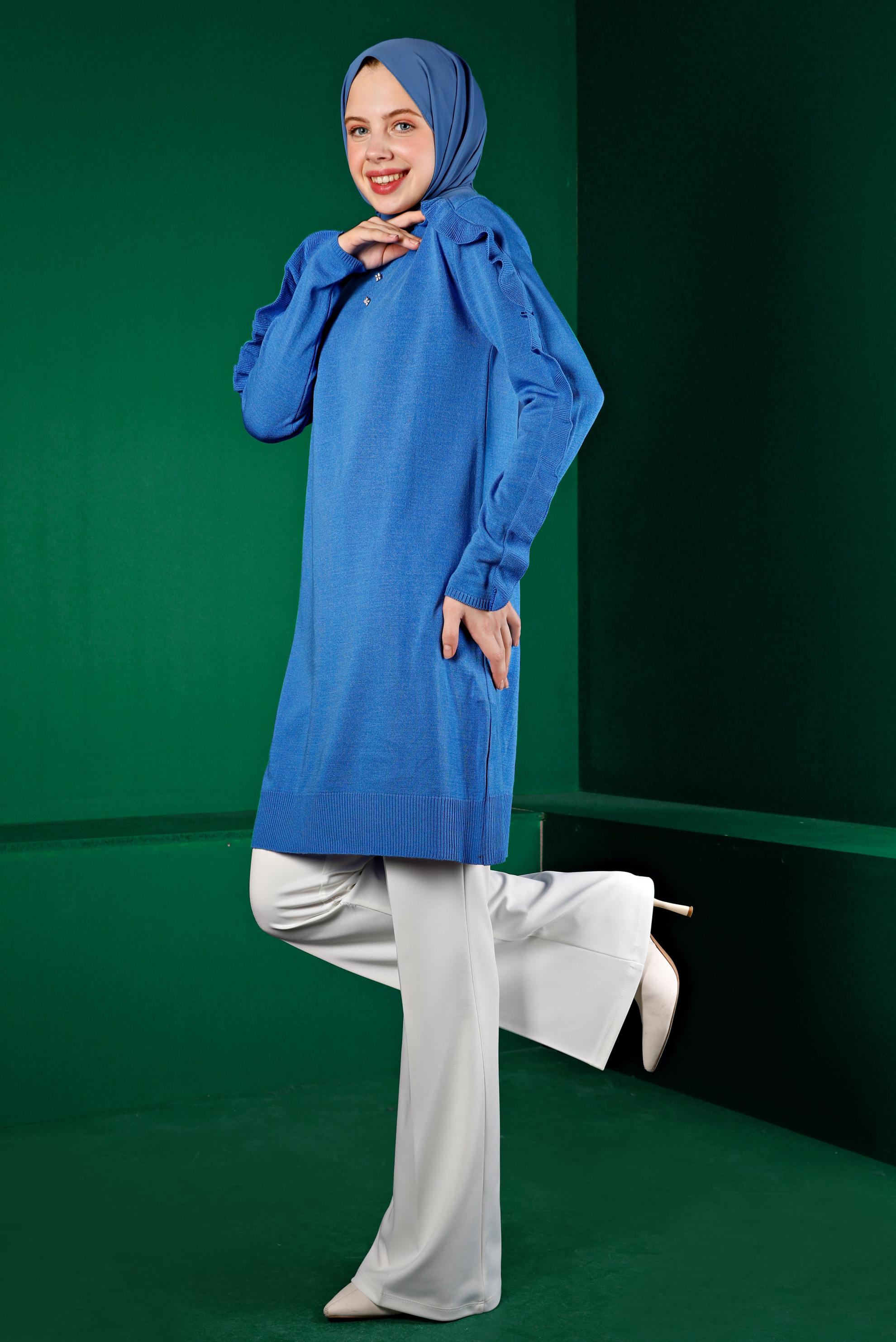 Hijab clothing BLUE RUFFLED KNITWEAR TUNIC WITH GEM 43170