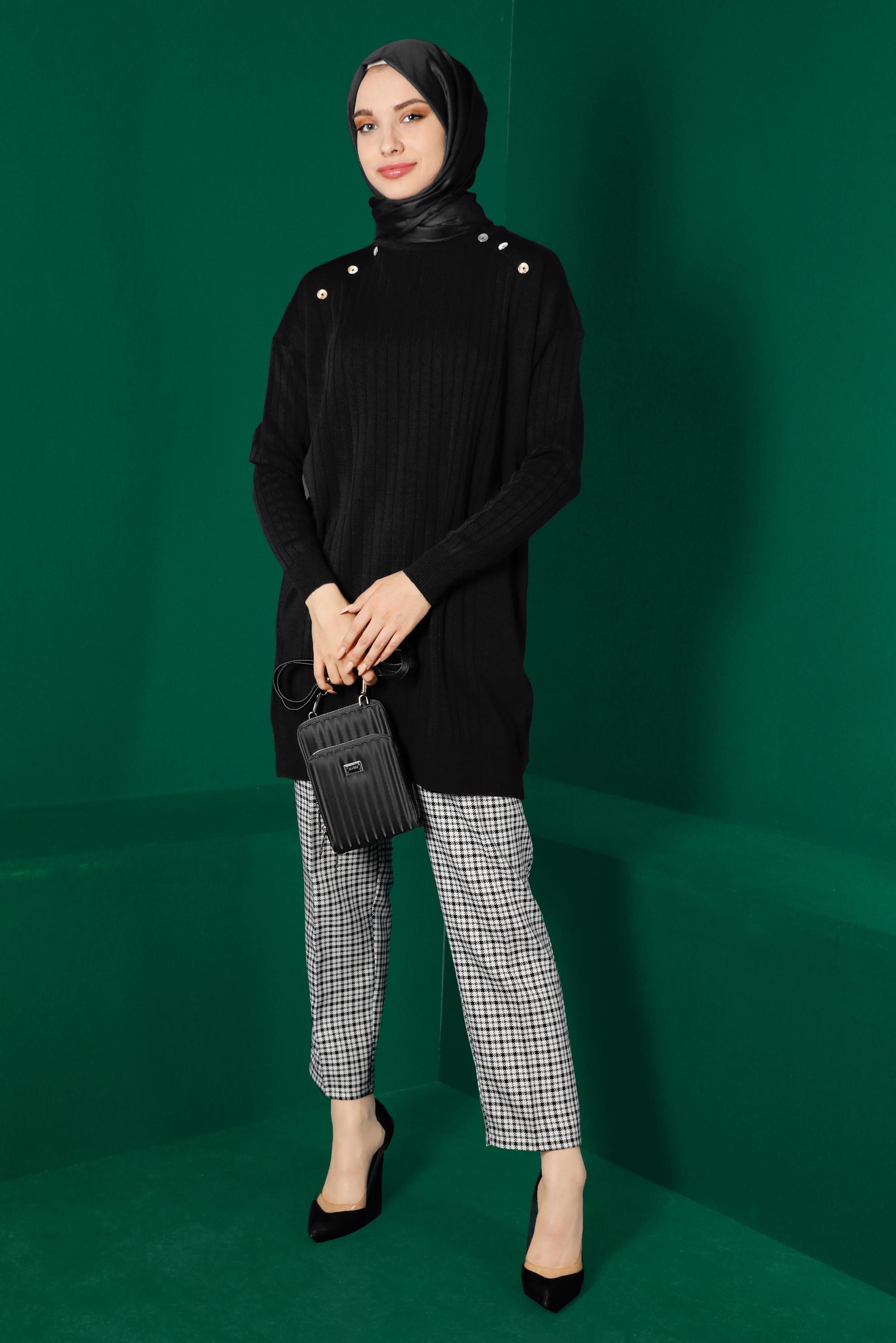 Tesettür giyim SİYAH DÜĞME DETAYLI FİTİLLİ TRİKO TUNİK 43171