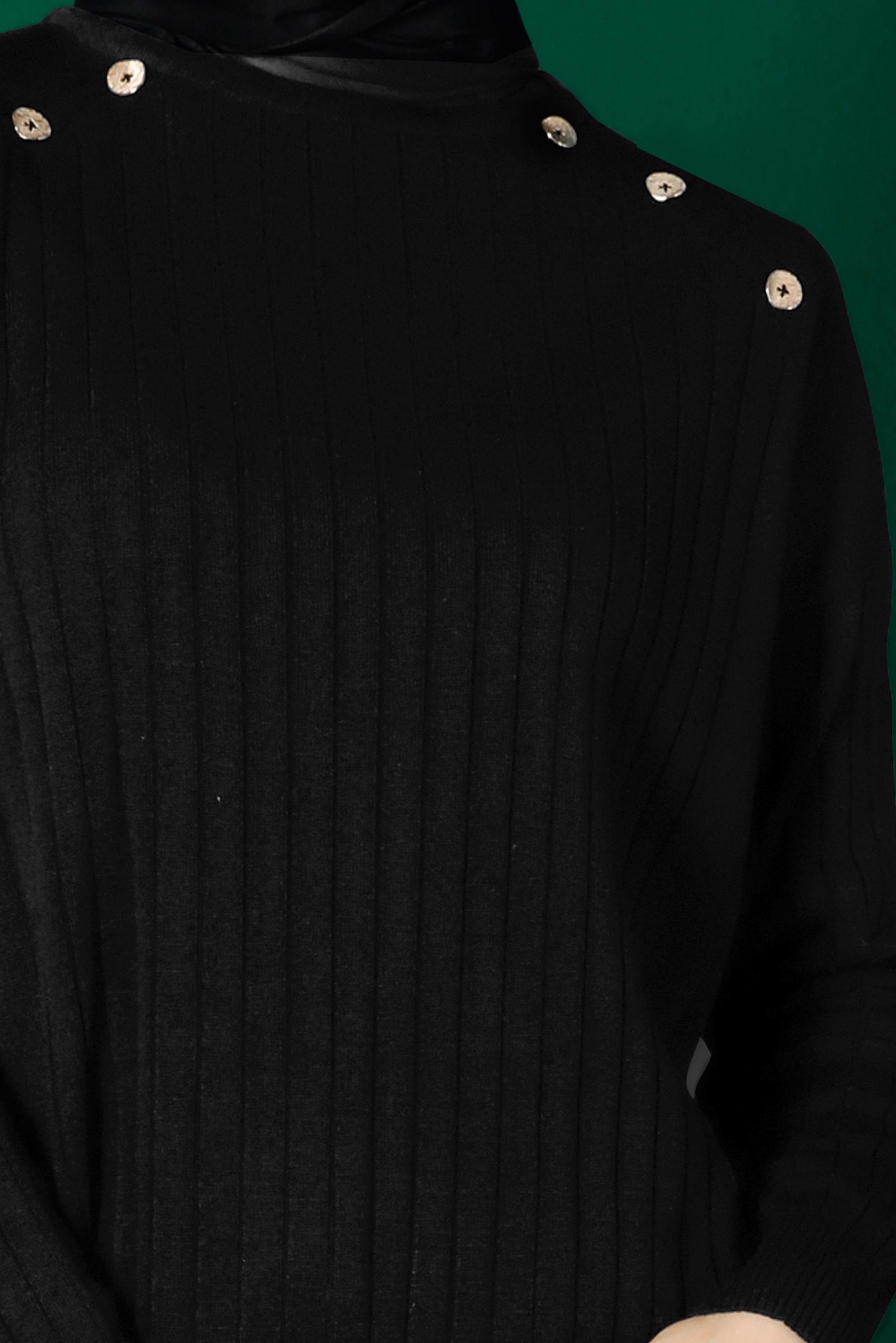 Tesettür giyim SİYAH DÜĞME DETAYLI FİTİLLİ TRİKO TUNİK 43171