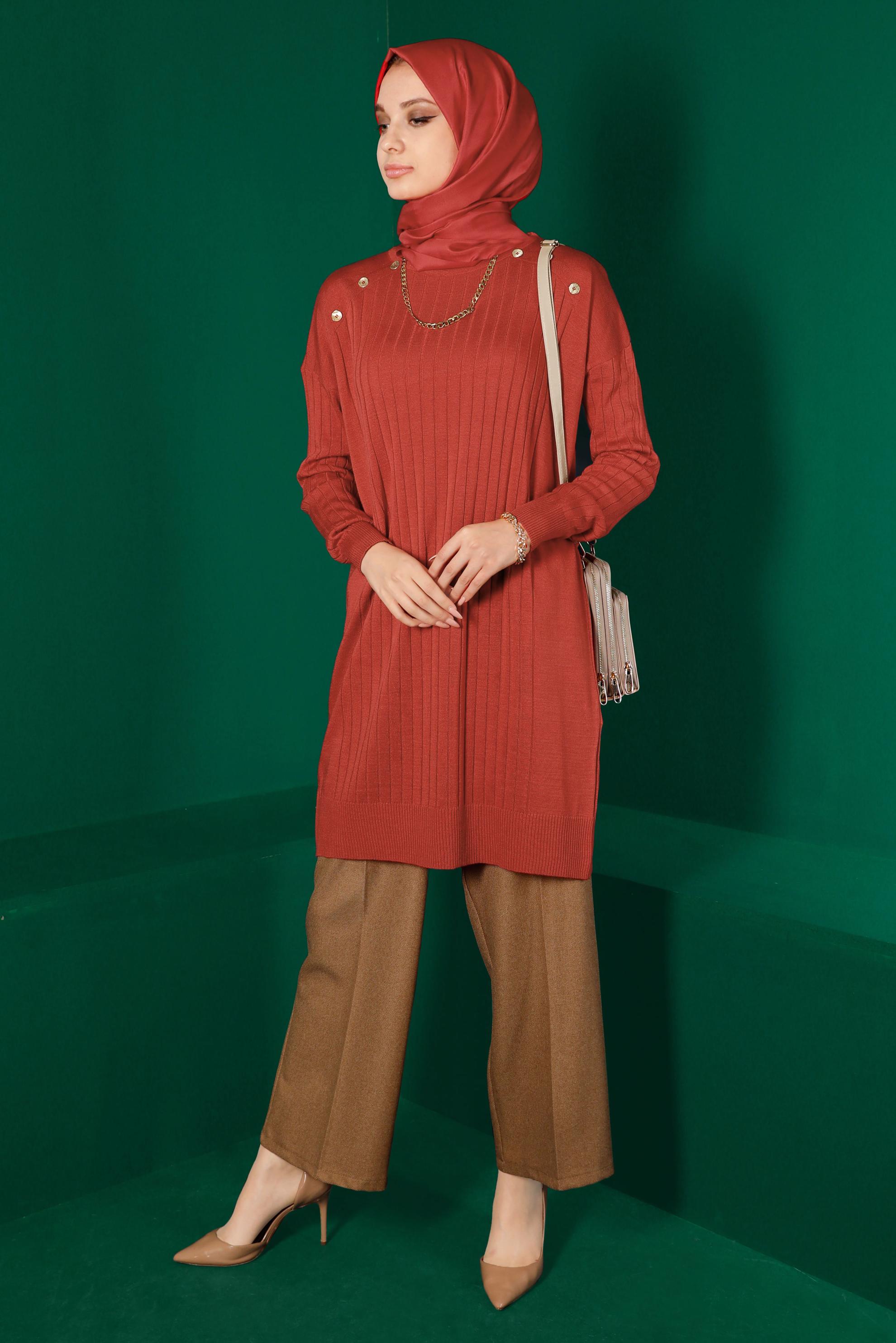 Tesettür giyim TURUNCU DÜĞME DETAYLI FİTİLLİ TRİKO TUNİK 43171