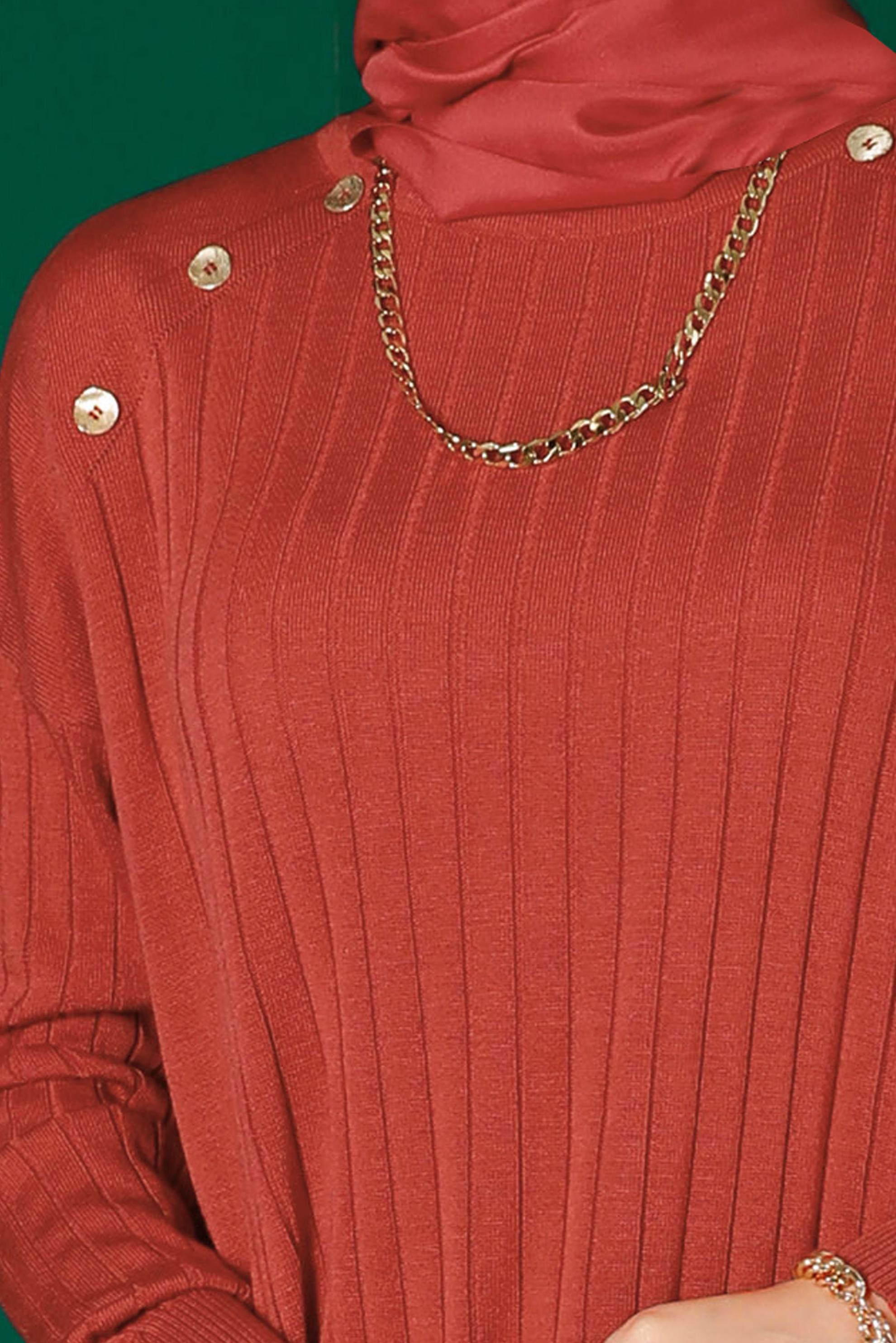 Tesettür giyim TURUNCU DÜĞME DETAYLI FİTİLLİ TRİKO TUNİK 43171