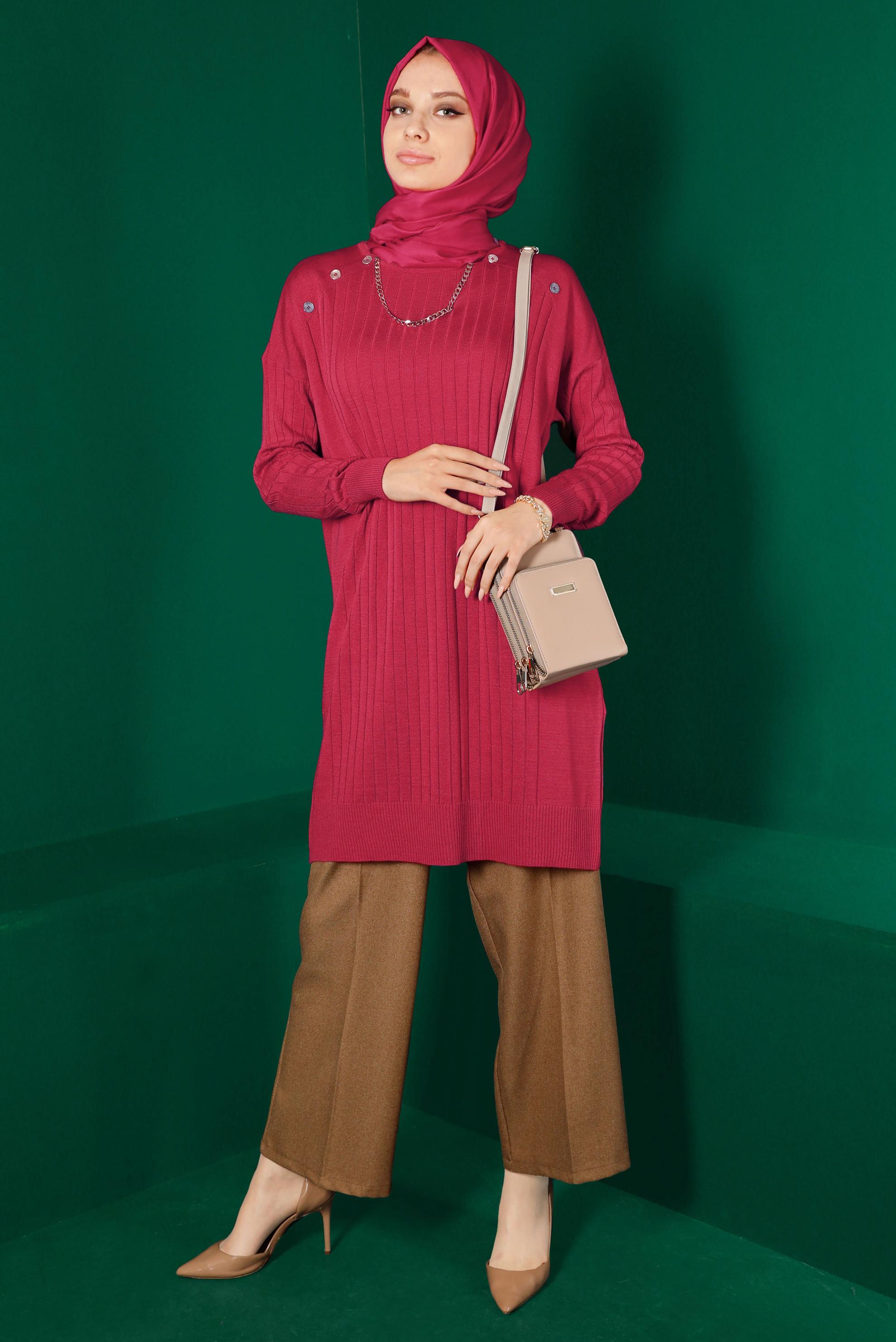 Tesettür giyim FUŞYA DÜĞME DETAYLI FİTİLLİ TRİKO TUNİK 43171