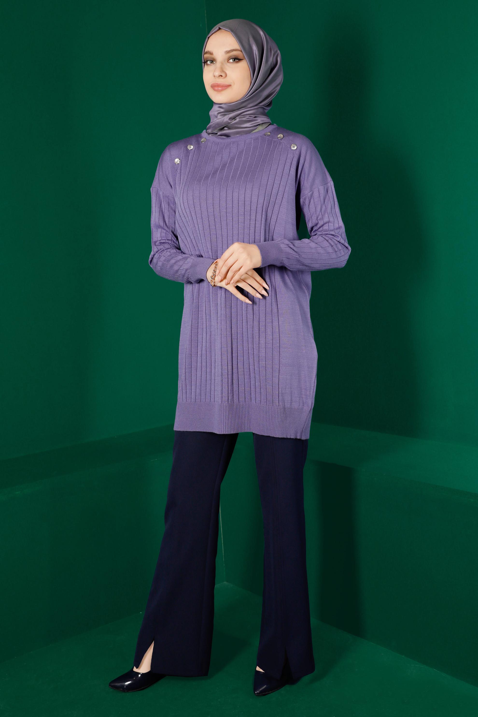 Tesettür giyim MOR DÜĞME DETAYLI FİTİLLİ TRİKO TUNİK 43171