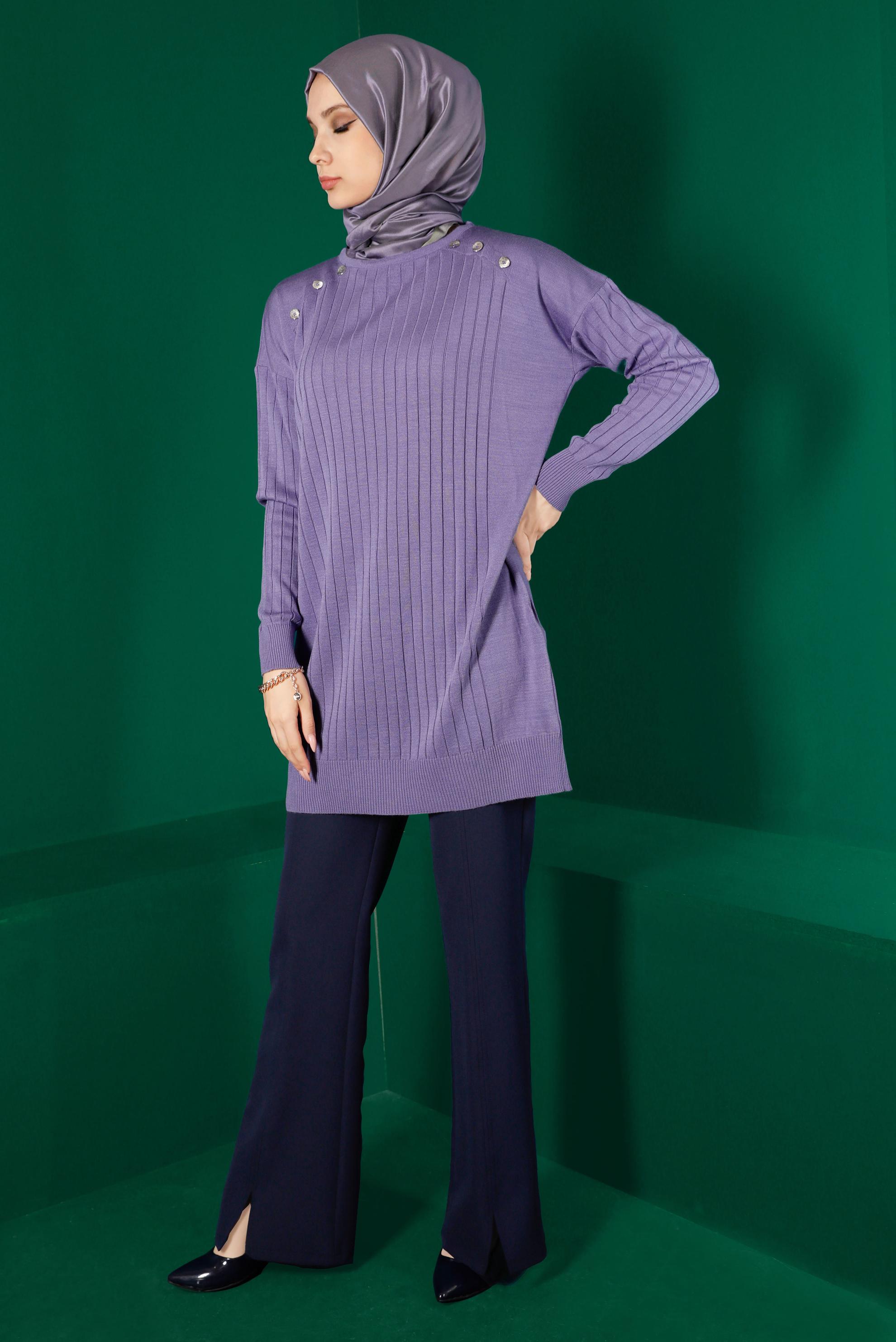 Tesettür giyim MOR DÜĞME DETAYLI FİTİLLİ TRİKO TUNİK 43171
