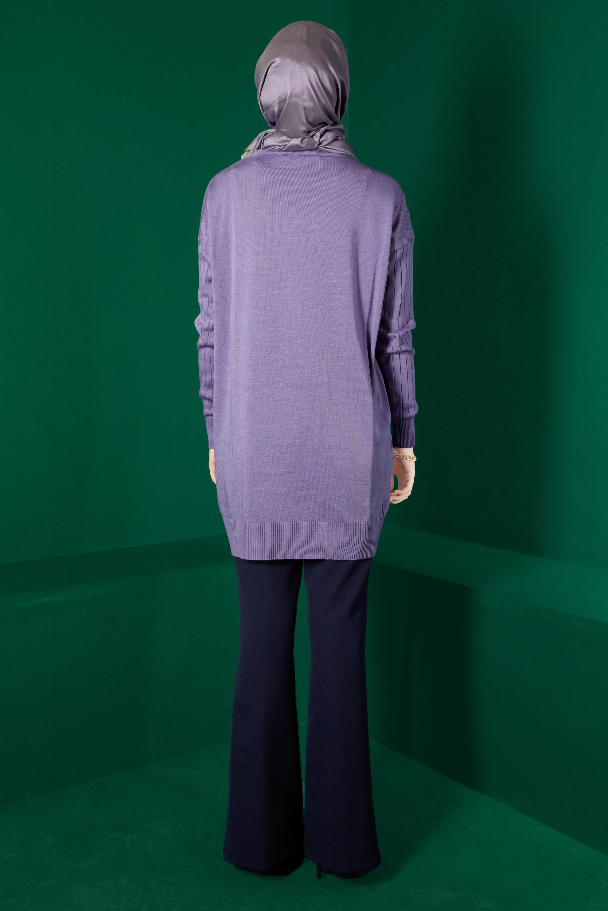 Tesettür giyim MOR DÜĞME DETAYLI FİTİLLİ TRİKO TUNİK 43171