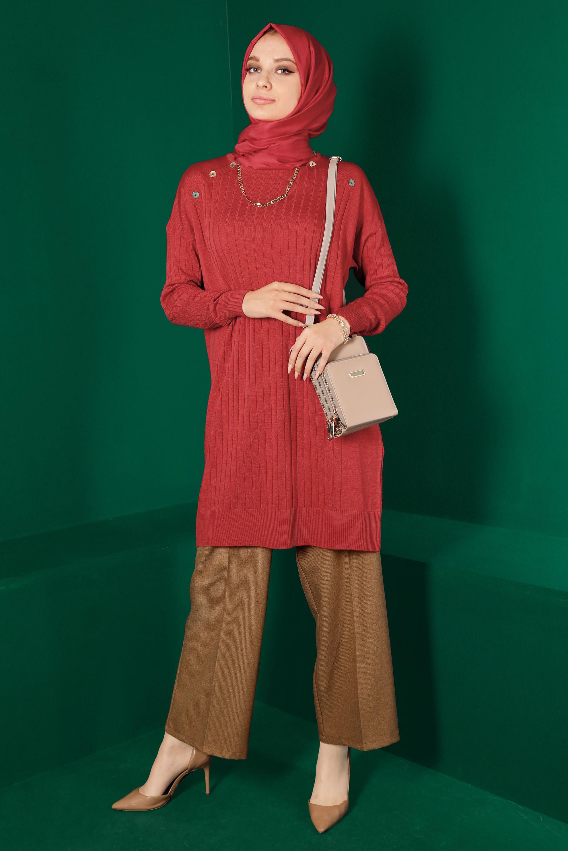 Tesettür giyim MERCAN DÜĞME DETAYLI FİTİLLİ TRİKO TUNİK 43171