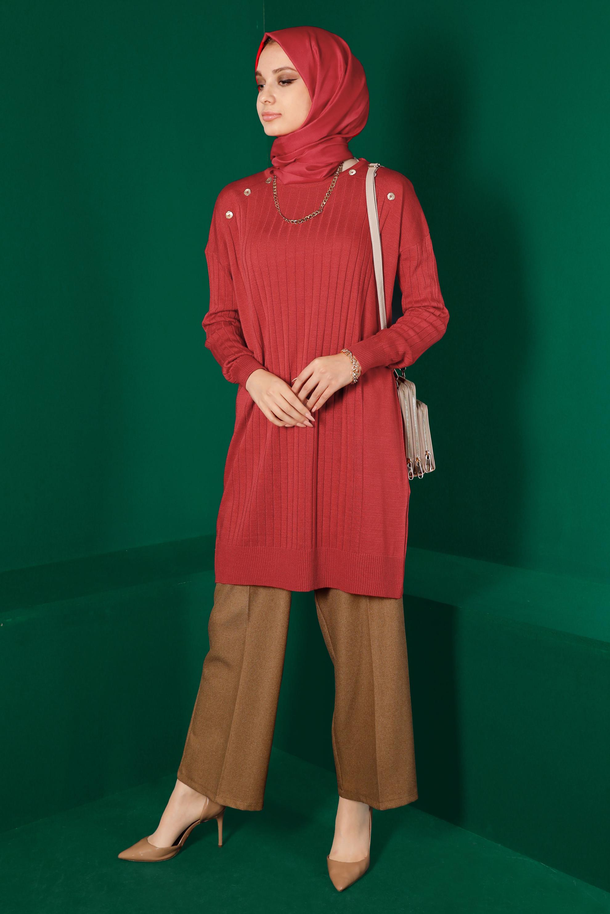 Tesettür giyim MERCAN DÜĞME DETAYLI FİTİLLİ TRİKO TUNİK 43171