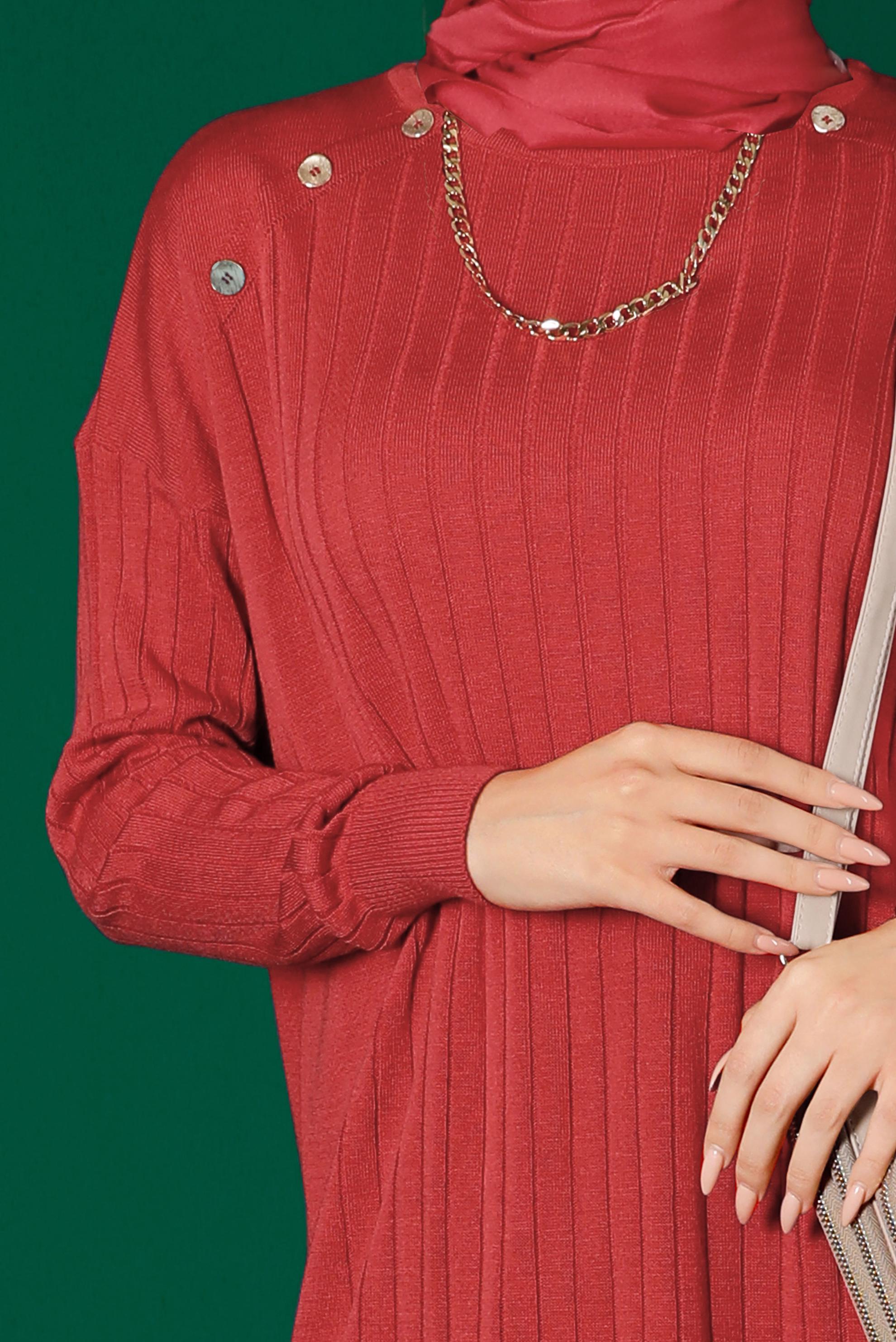 Tesettür giyim MERCAN DÜĞME DETAYLI FİTİLLİ TRİKO TUNİK 43171