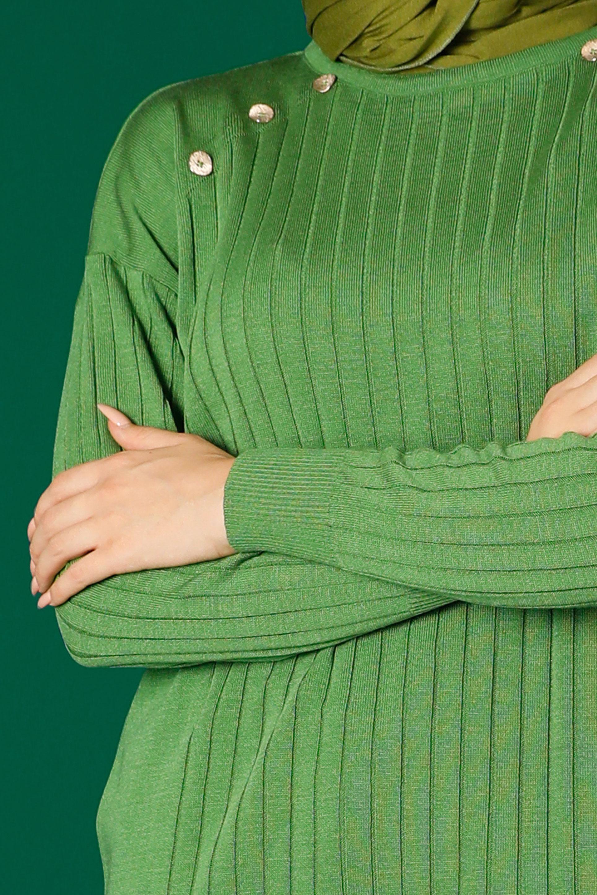 Tesettür giyim YEŞİL DÜĞME DETAYLI FİTİLLİ TRİKO TUNİK 43171