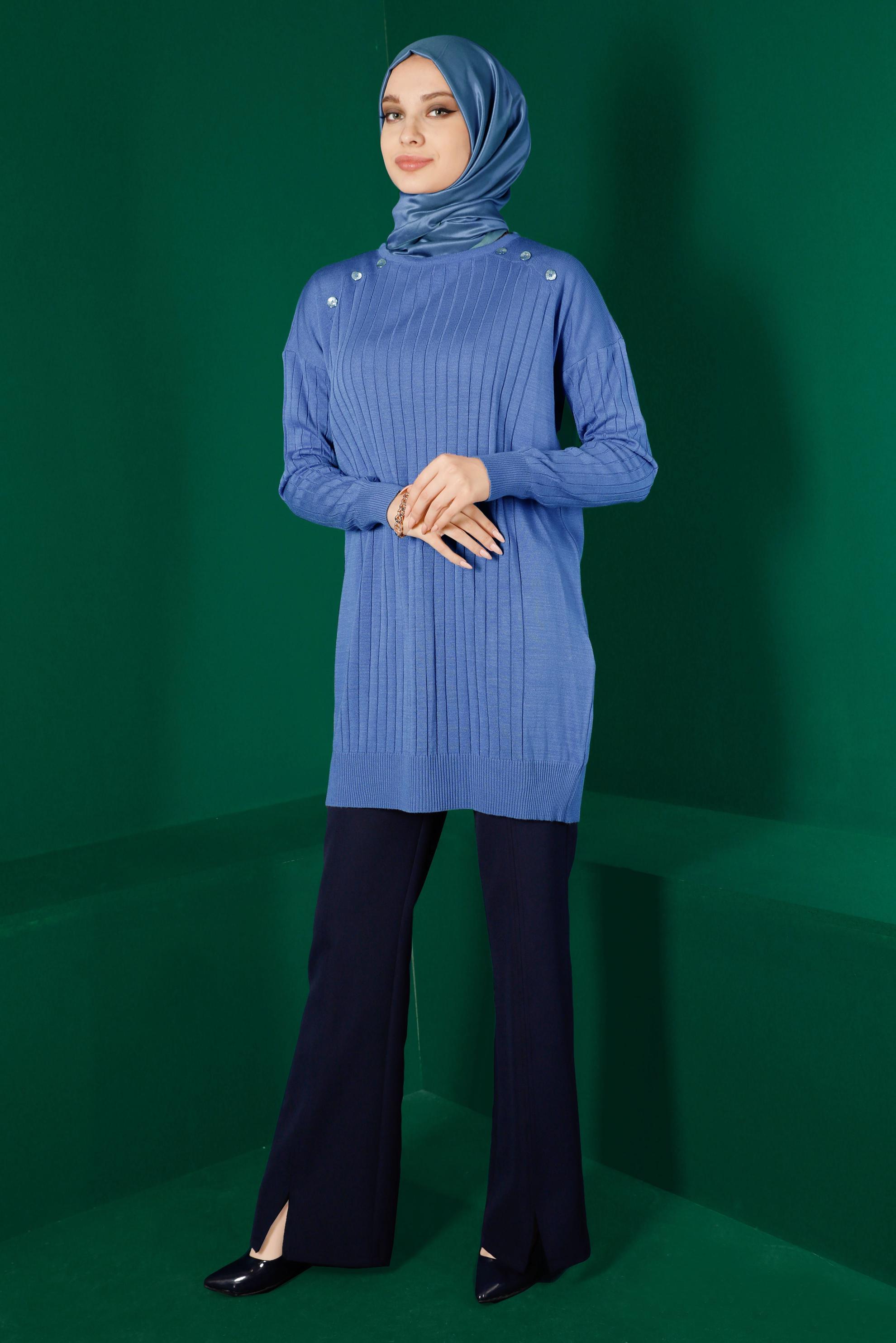 Tesettür giyim MAVİ DÜĞME DETAYLI FİTİLLİ TRİKO TUNİK 43171