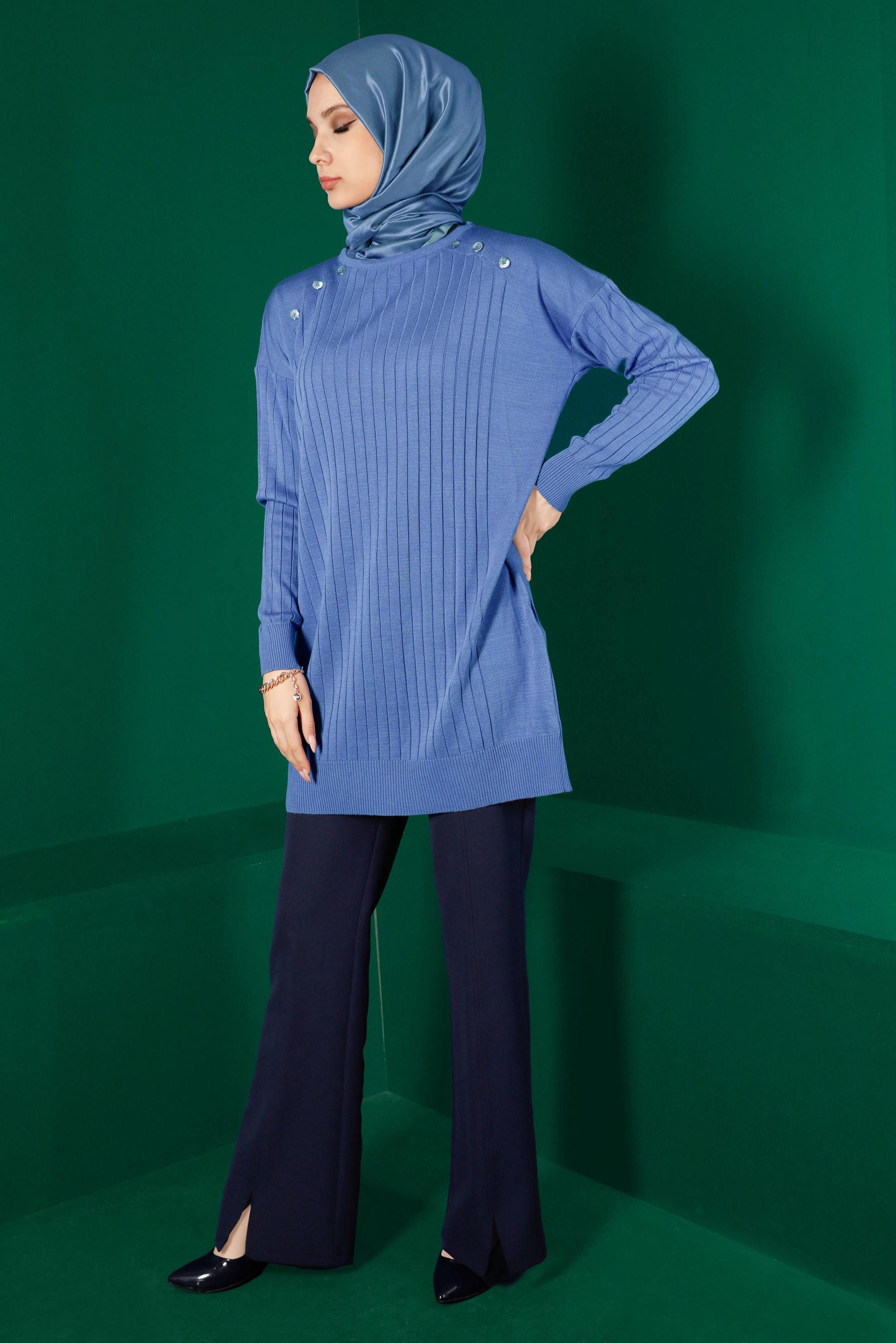 Tesettür giyim MAVİ DÜĞME DETAYLI FİTİLLİ TRİKO TUNİK 43171