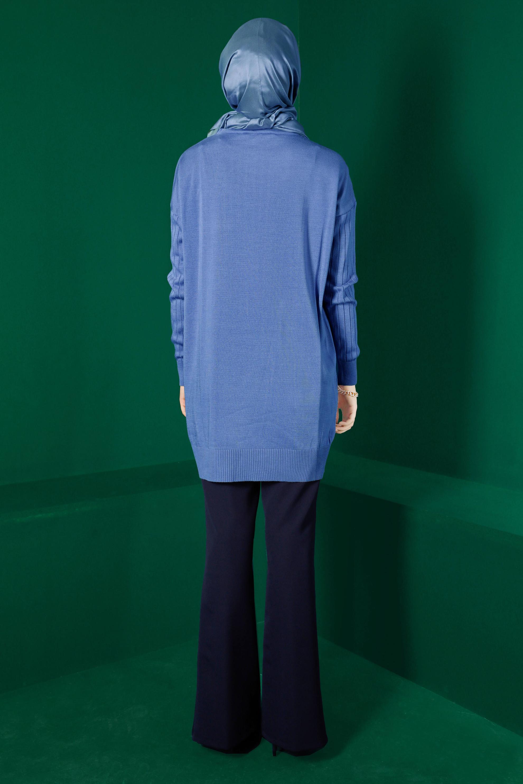 Tesettür giyim MAVİ DÜĞME DETAYLI FİTİLLİ TRİKO TUNİK 43171