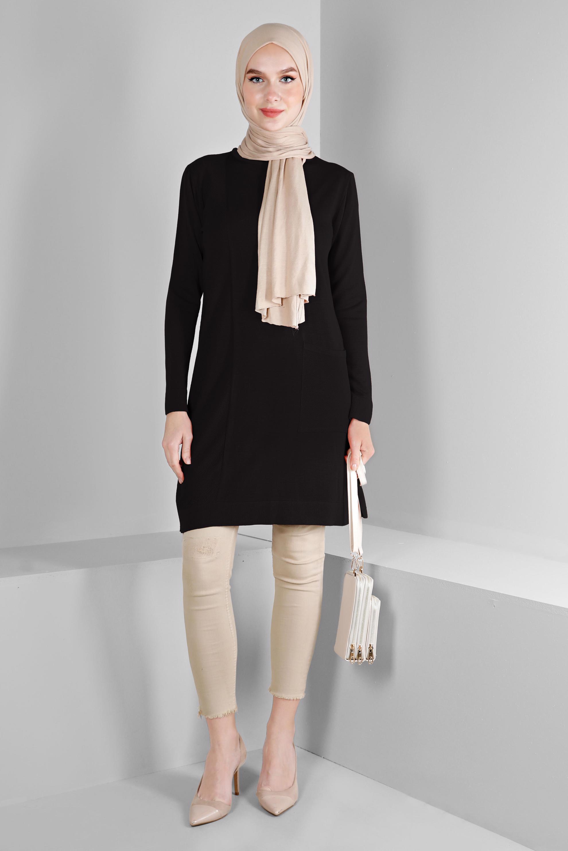 Vêtements hijab NOIR TUNIQUE MAILLE BASIQUE DÉTAIL POCHE 43172