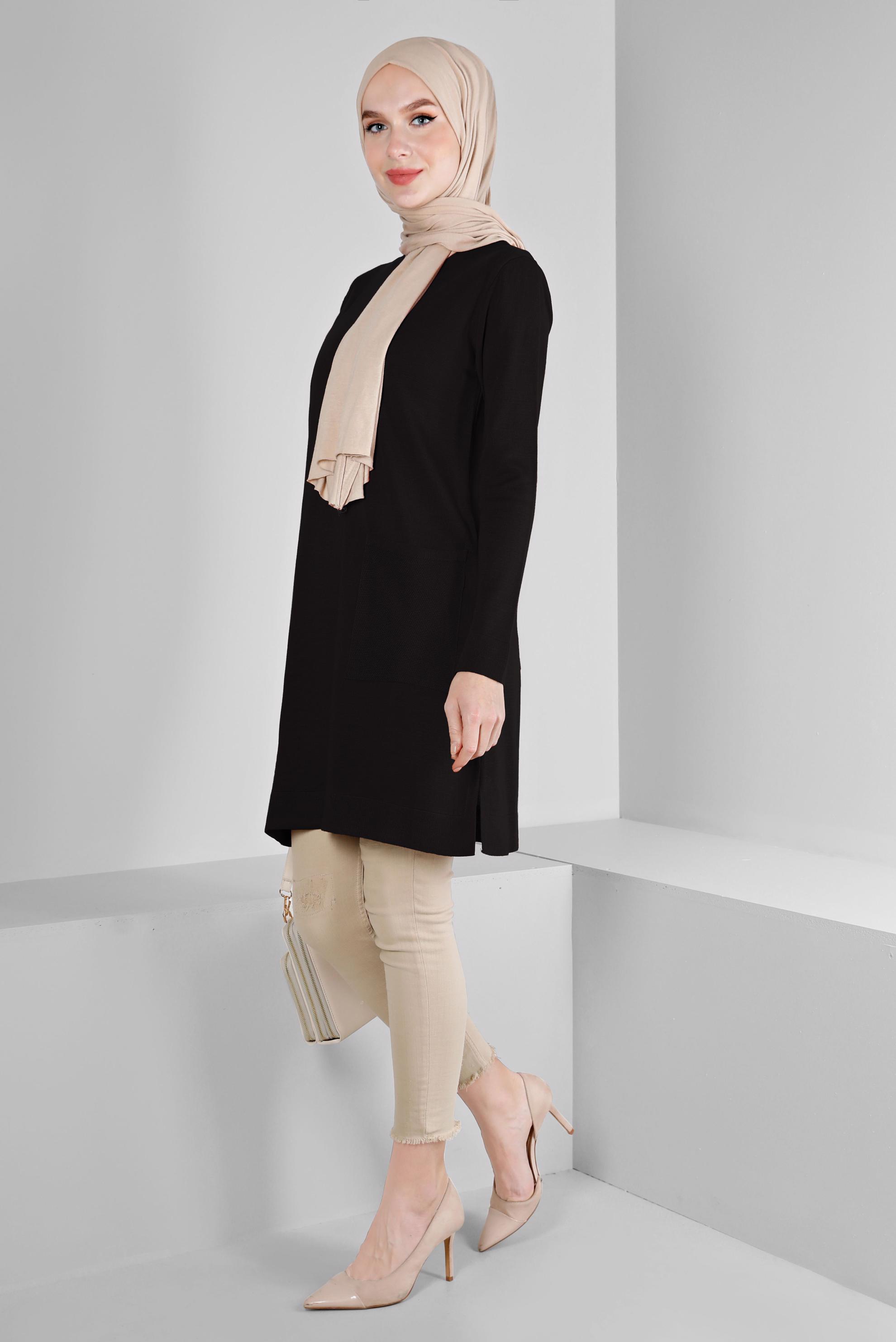 Vêtements hijab NOIR TUNIQUE MAILLE BASIQUE DÉTAIL POCHE 43172