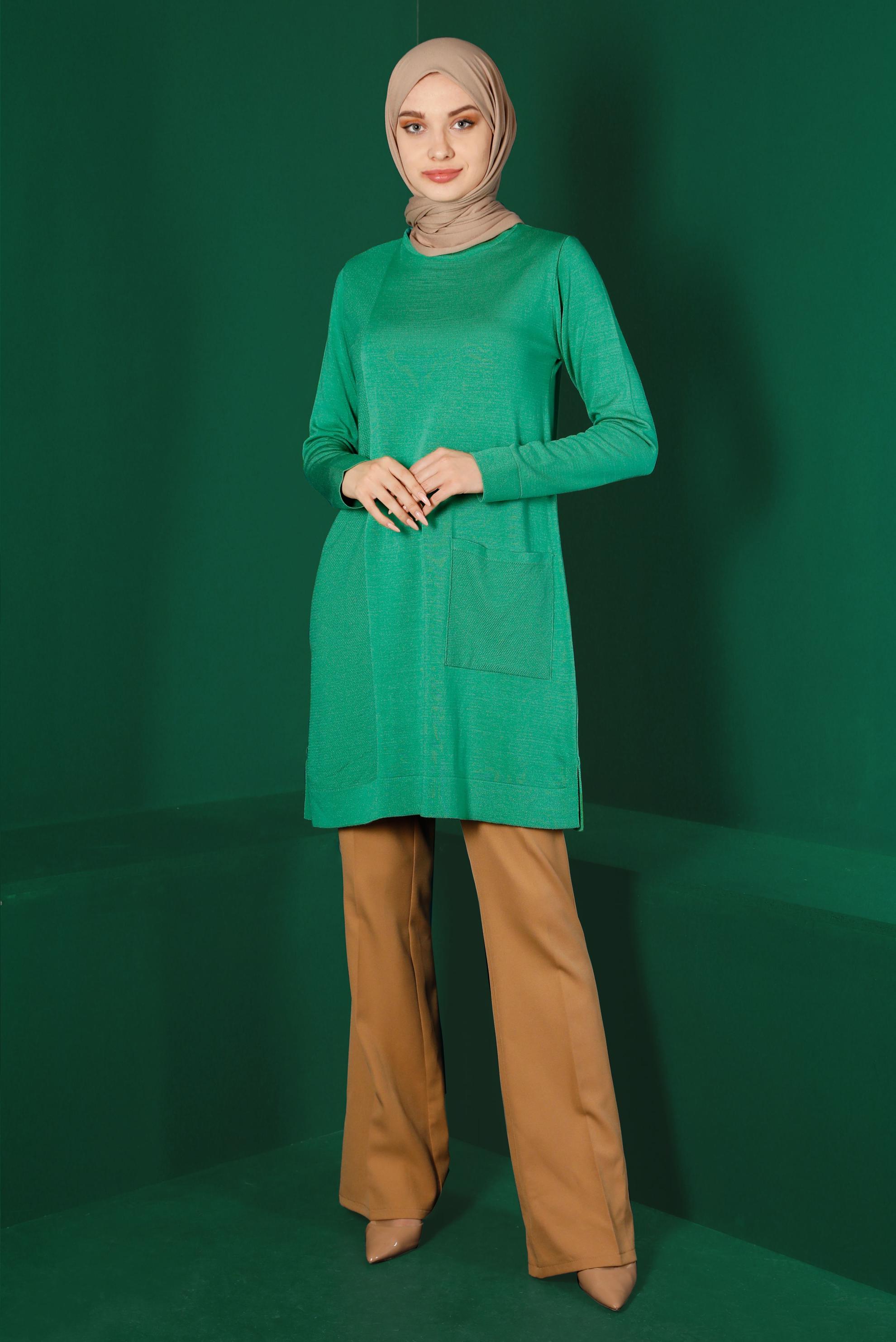 Tesettür giyim YEŞİL CEP DETAYLI BASIC TRİKO TUNİK 43172	