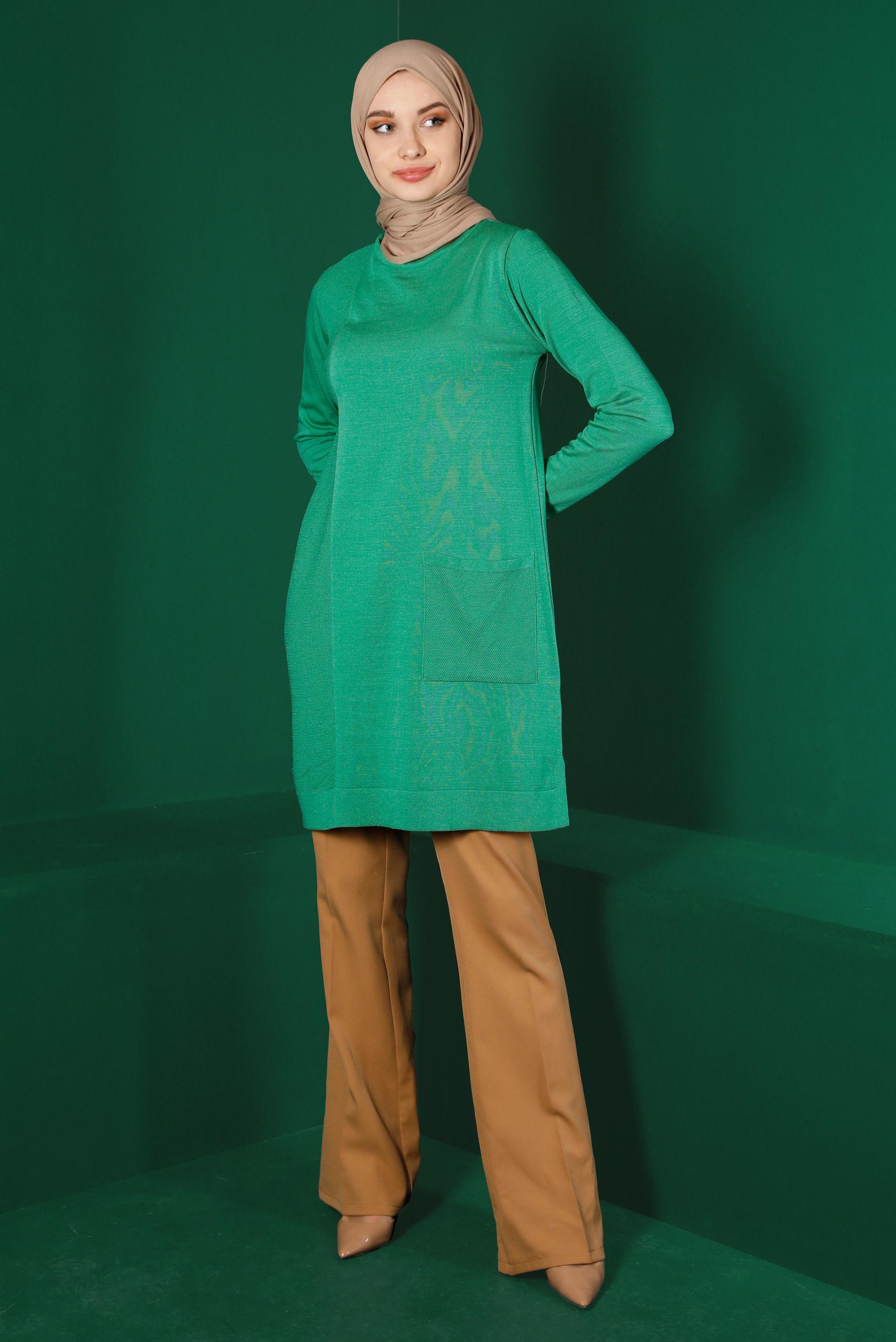 Tesettür giyim YEŞİL CEP DETAYLI BASIC TRİKO TUNİK 43172	