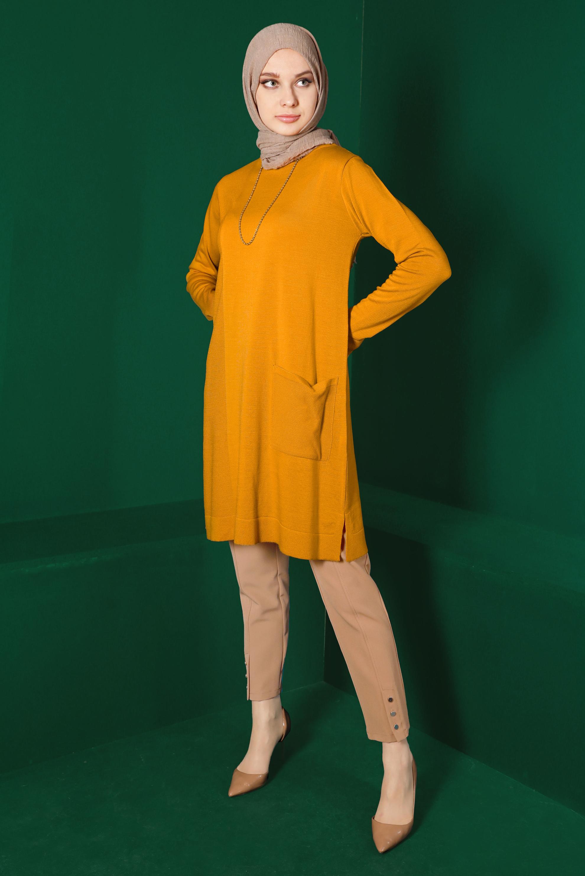 Tesettür giyim SARI CEP DETAYLI BASIC TRİKO TUNİK 43172	