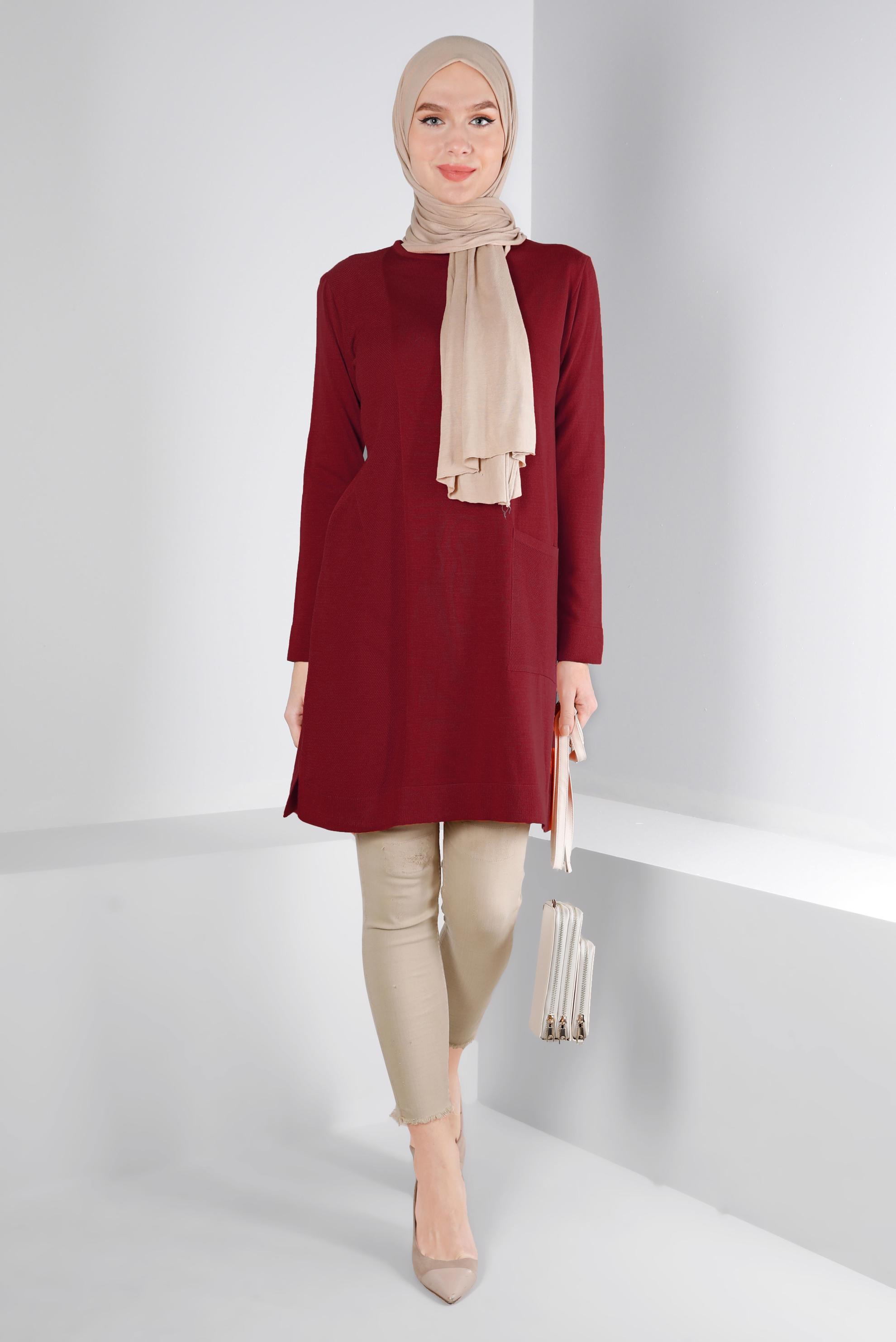Tesettür giyim BORDO CEP DETAYLI BASIC TRİKO TUNİK 43172	