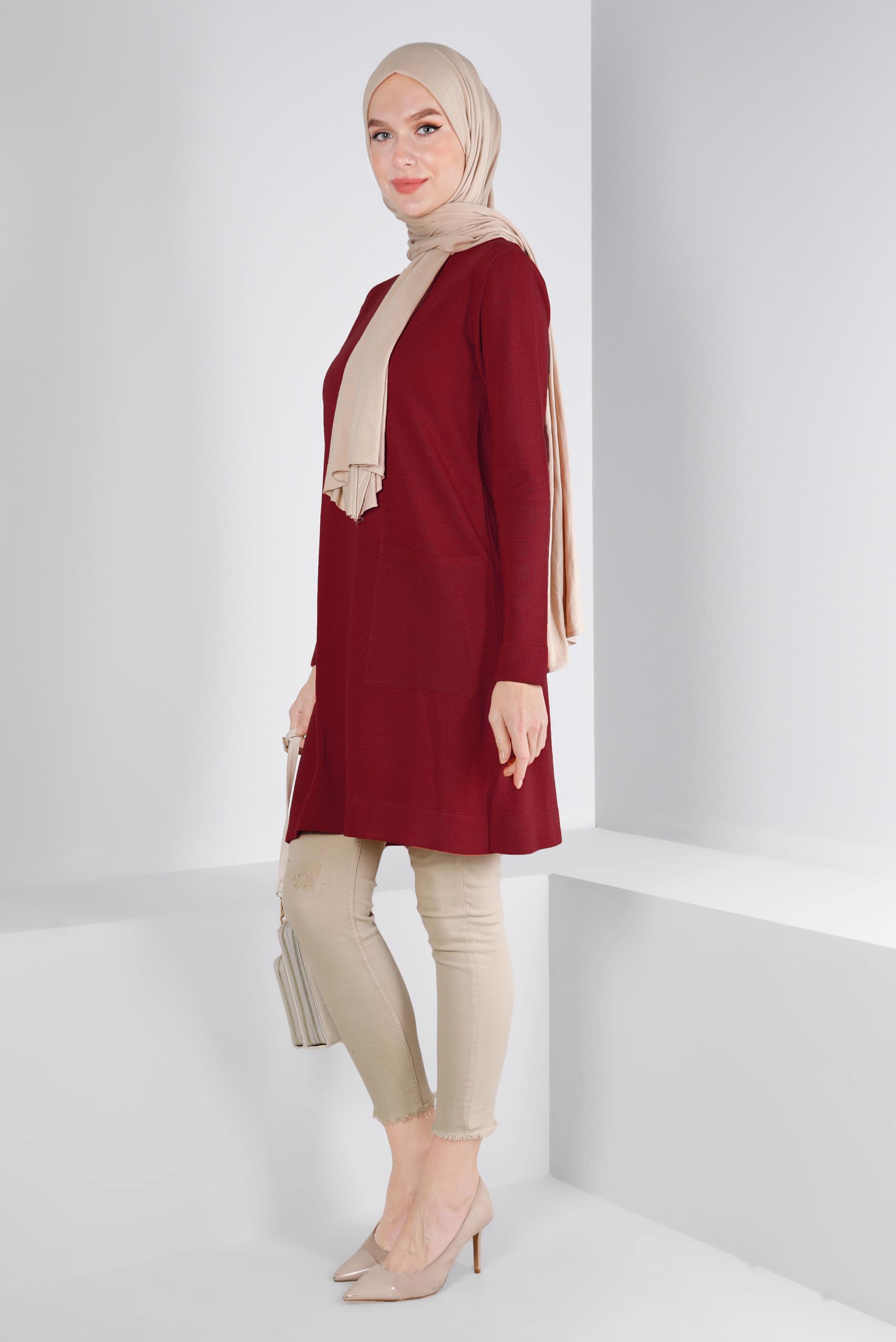 Tesettür giyim BORDO CEP DETAYLI BASIC TRİKO TUNİK 43172	