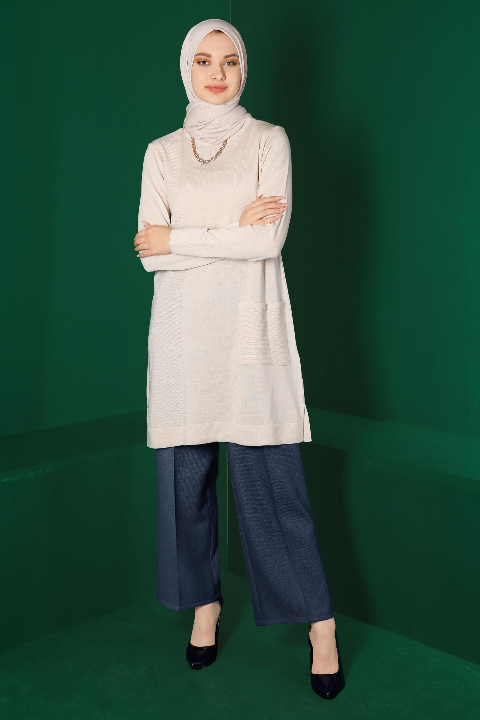 Tesettür giyim BEJ CEP DETAYLI BASIC TRİKO TUNİK 43172	