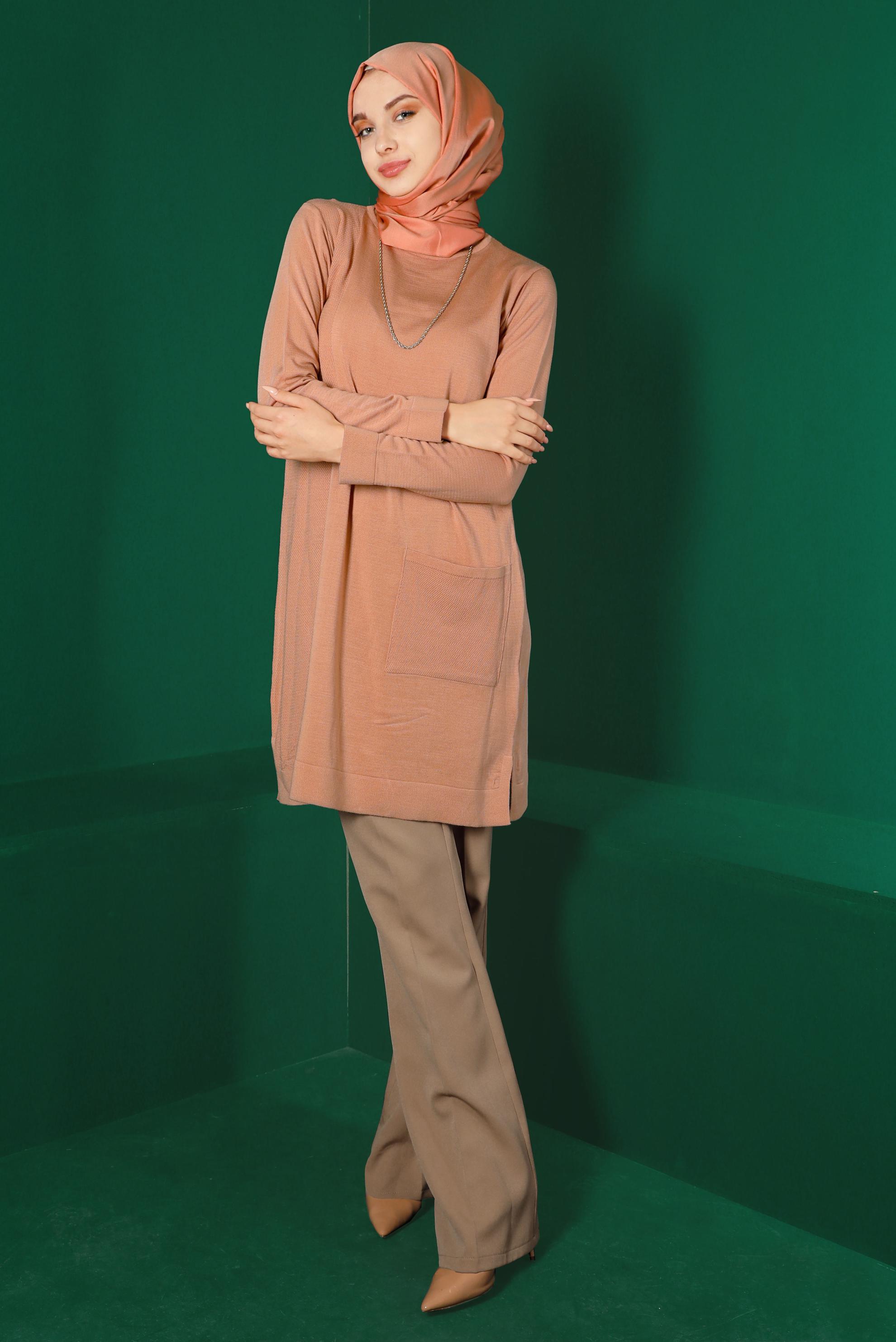 Tesettür giyim PUDRA CEP DETAYLI BASIC TRİKO TUNİK 43172	