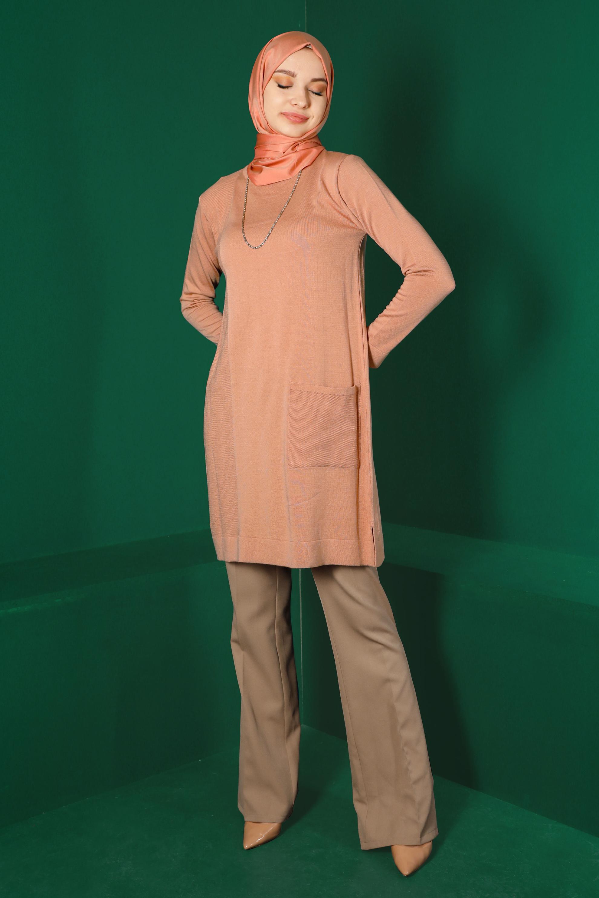 Tesettür giyim PUDRA CEP DETAYLI BASIC TRİKO TUNİK 43172	