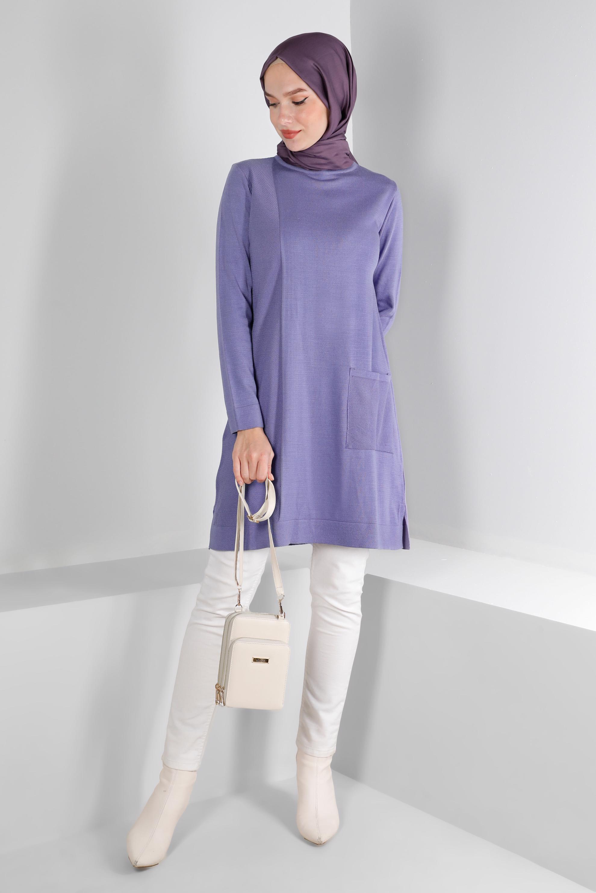 Tesettür giyim MOR CEP DETAYLI BASIC TRİKO TUNİK 43172	