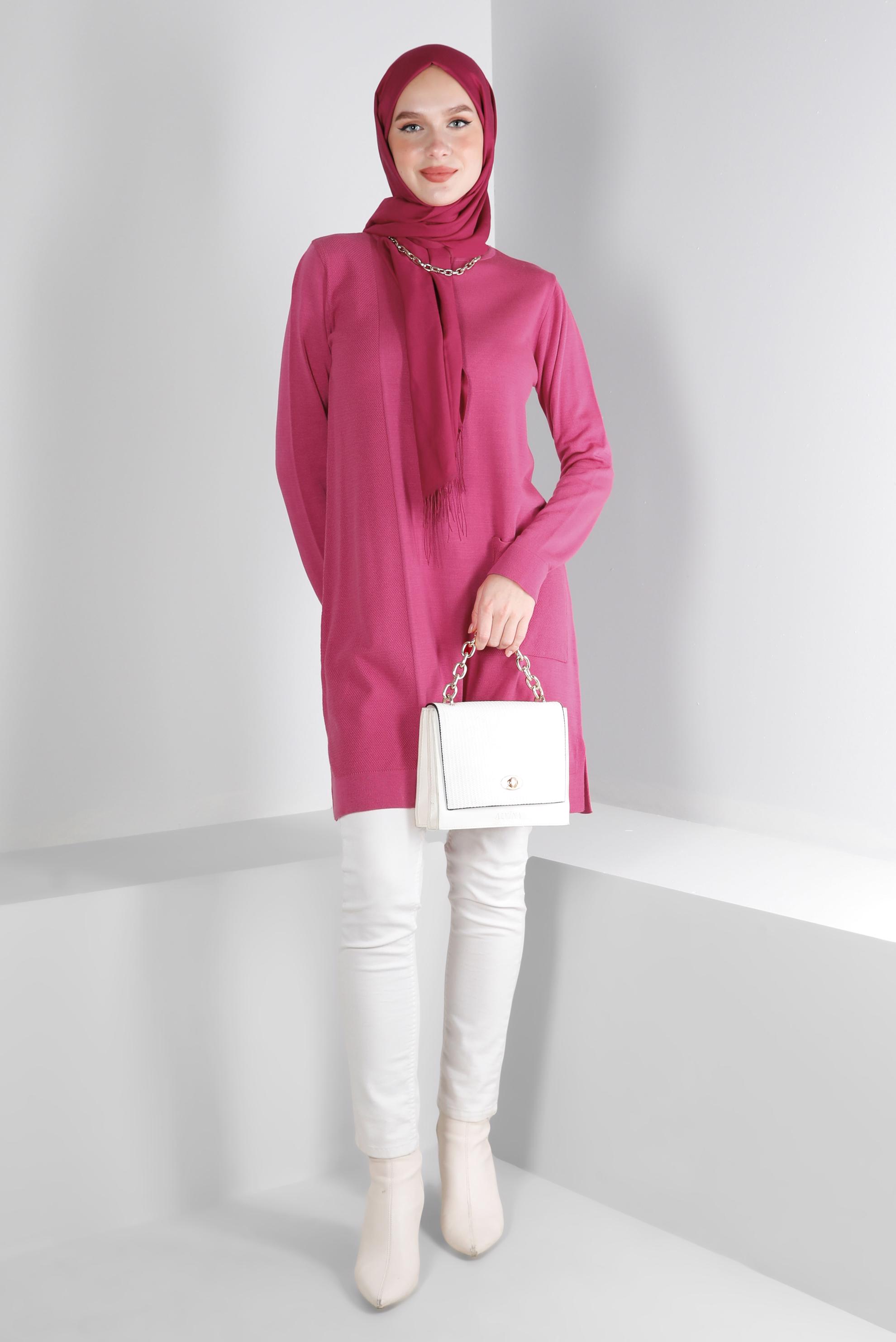 Tesettür giyim FUŞYA CEP DETAYLI BASIC TRİKO TUNİK 43172	