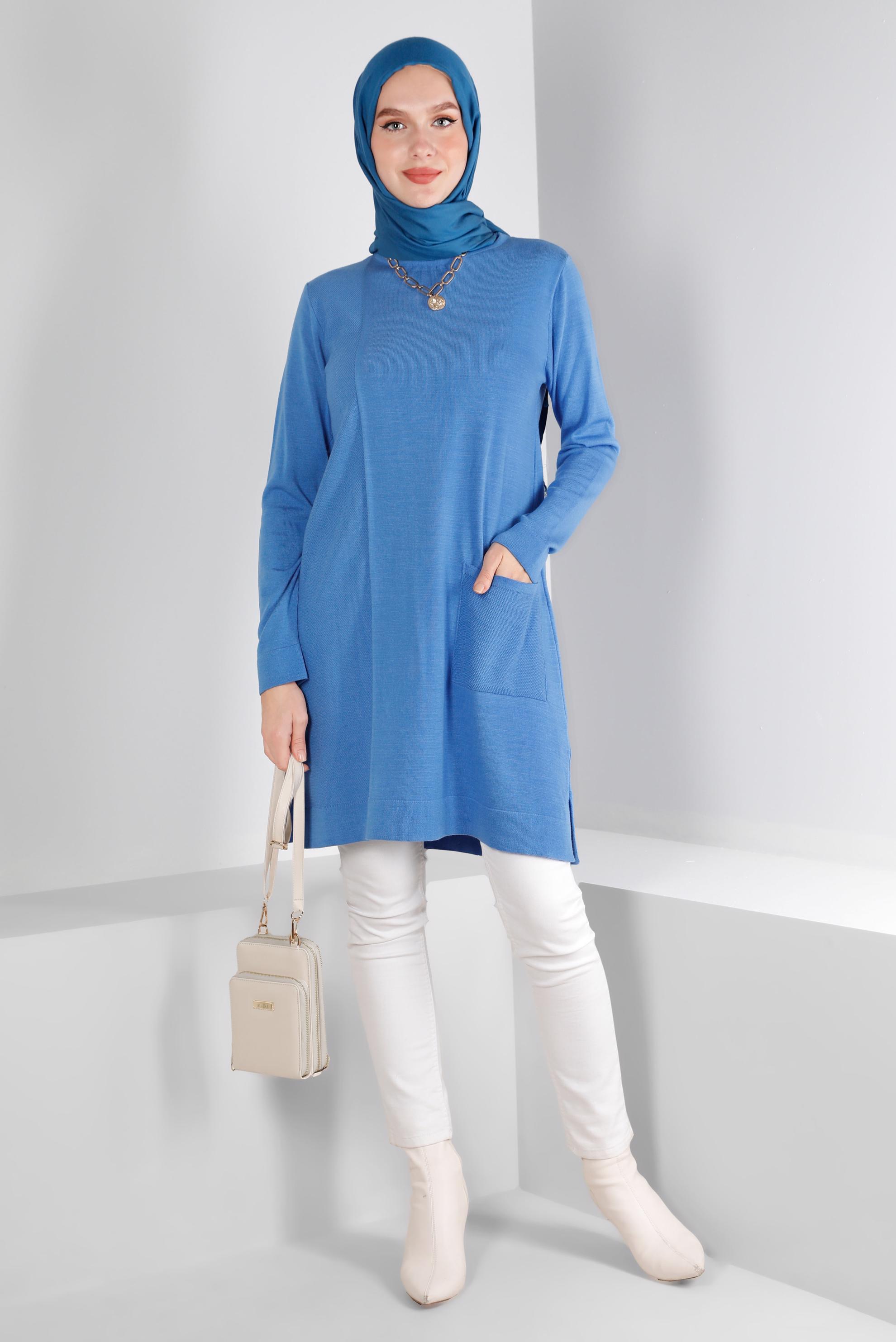 Tesettür giyim MAVİ CEP DETAYLI BASIC TRİKO TUNİK 43172	