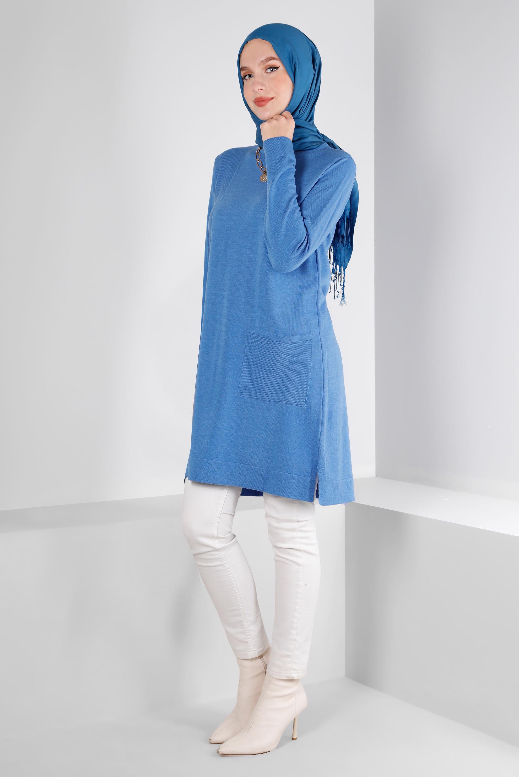 Tesettür giyim MAVİ CEP DETAYLI BASIC TRİKO TUNİK 43172	