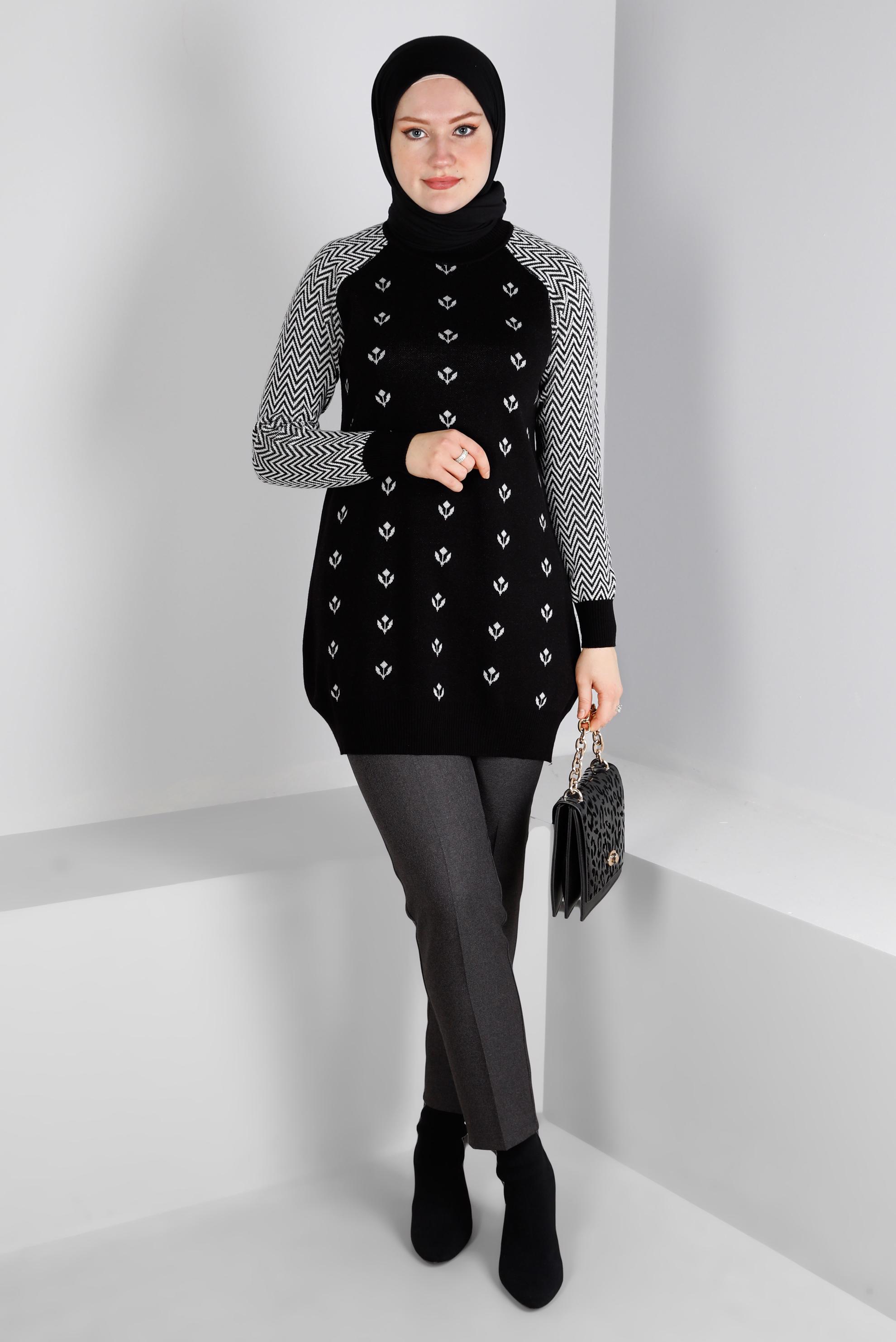 Tesettür giyim SİYAH DESENLİ TRİKO TUNİK 43173