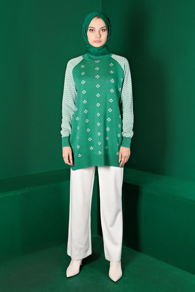 Tesettür giyim YEŞİL DESENLİ TRİKO TUNİK 43173 - ALVİNA