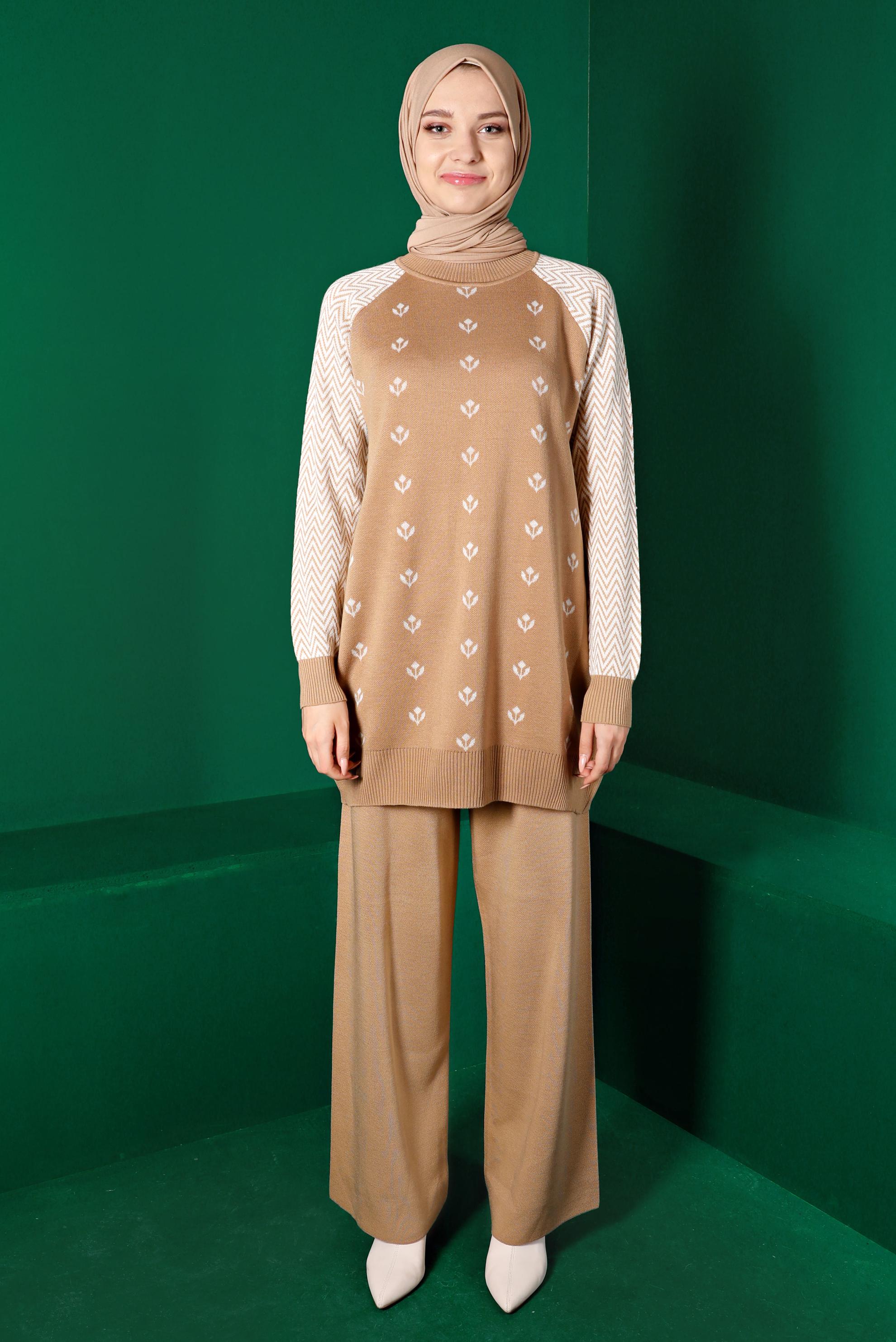 Tesettür giyim KAHVE DESENLİ TRİKO TUNİK 43173