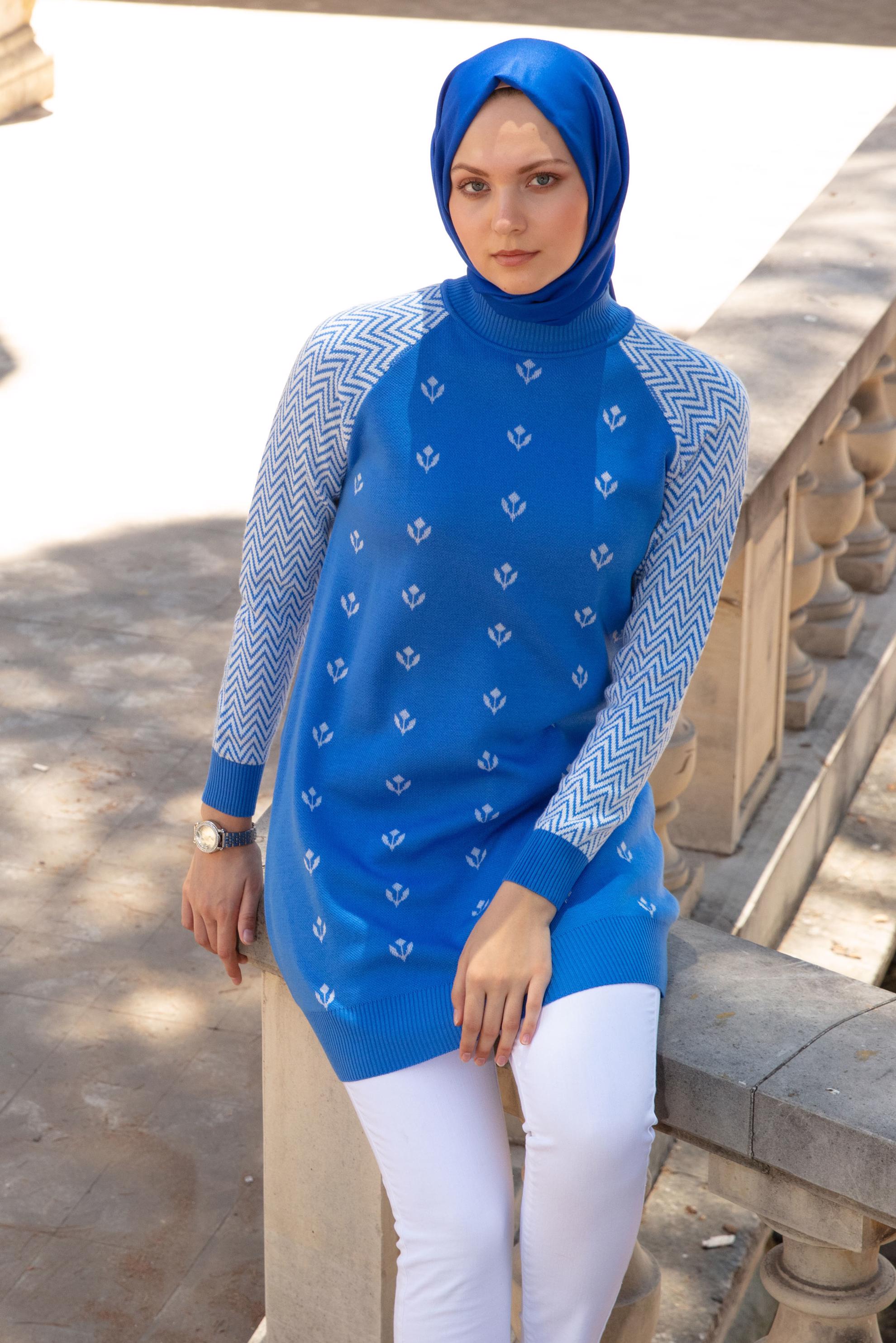 Tesettür giyim MAVİ DESENLİ TRİKO TUNİK 43173