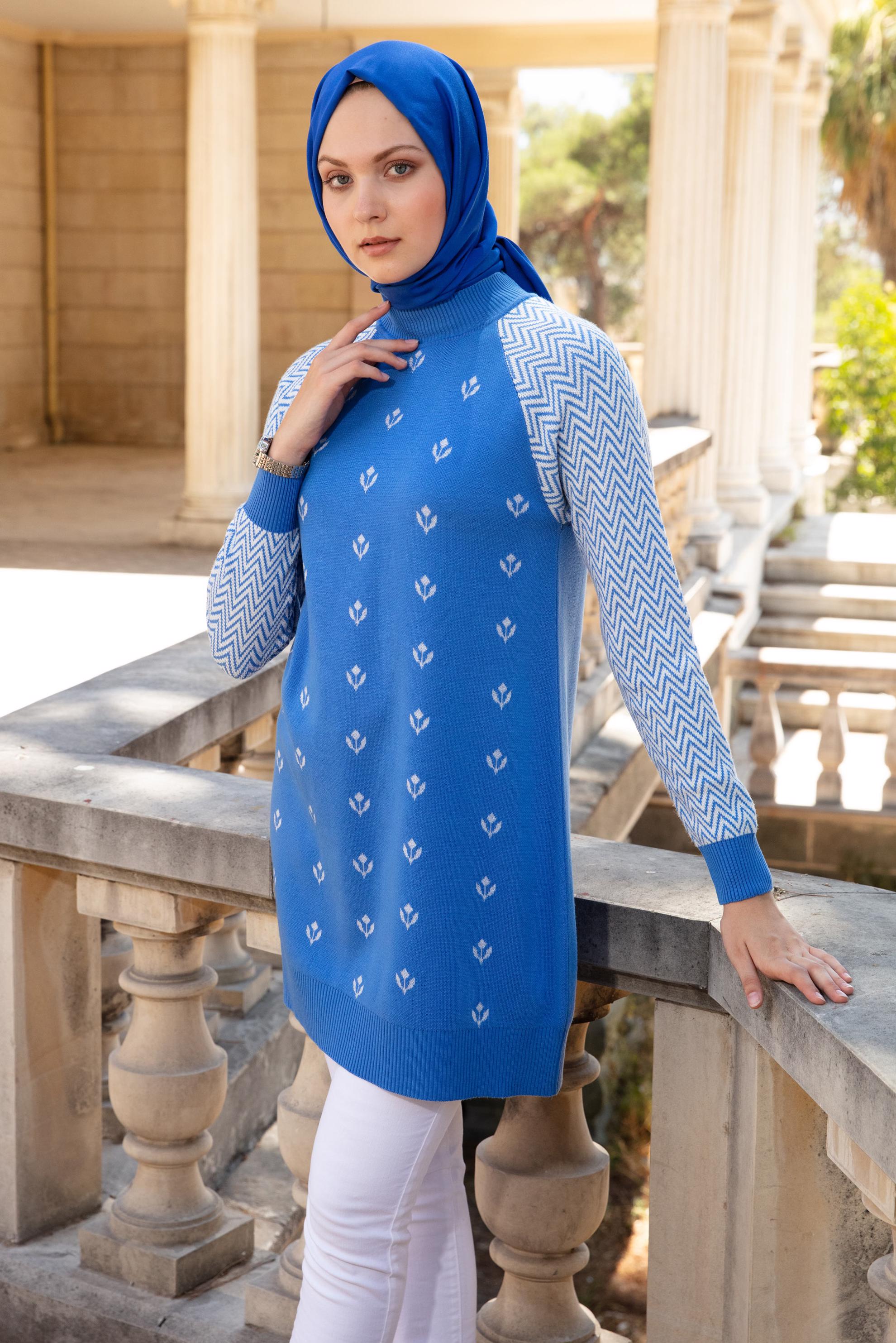 Tesettür giyim MAVİ DESENLİ TRİKO TUNİK 43173