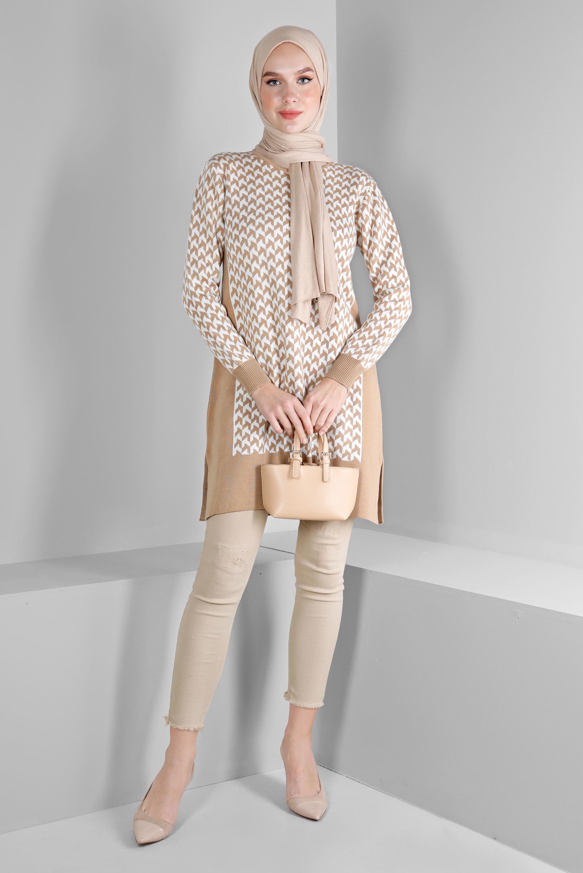 Tesettür giyim KAHVE DESENLİ TRİKO TUNİK 43174