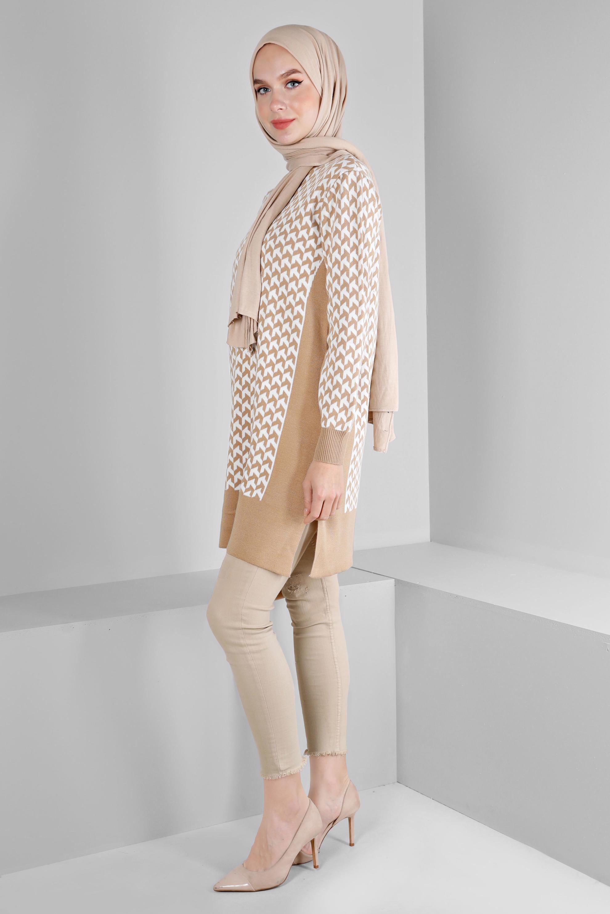 Tesettür giyim KAHVE DESENLİ TRİKO TUNİK 43174