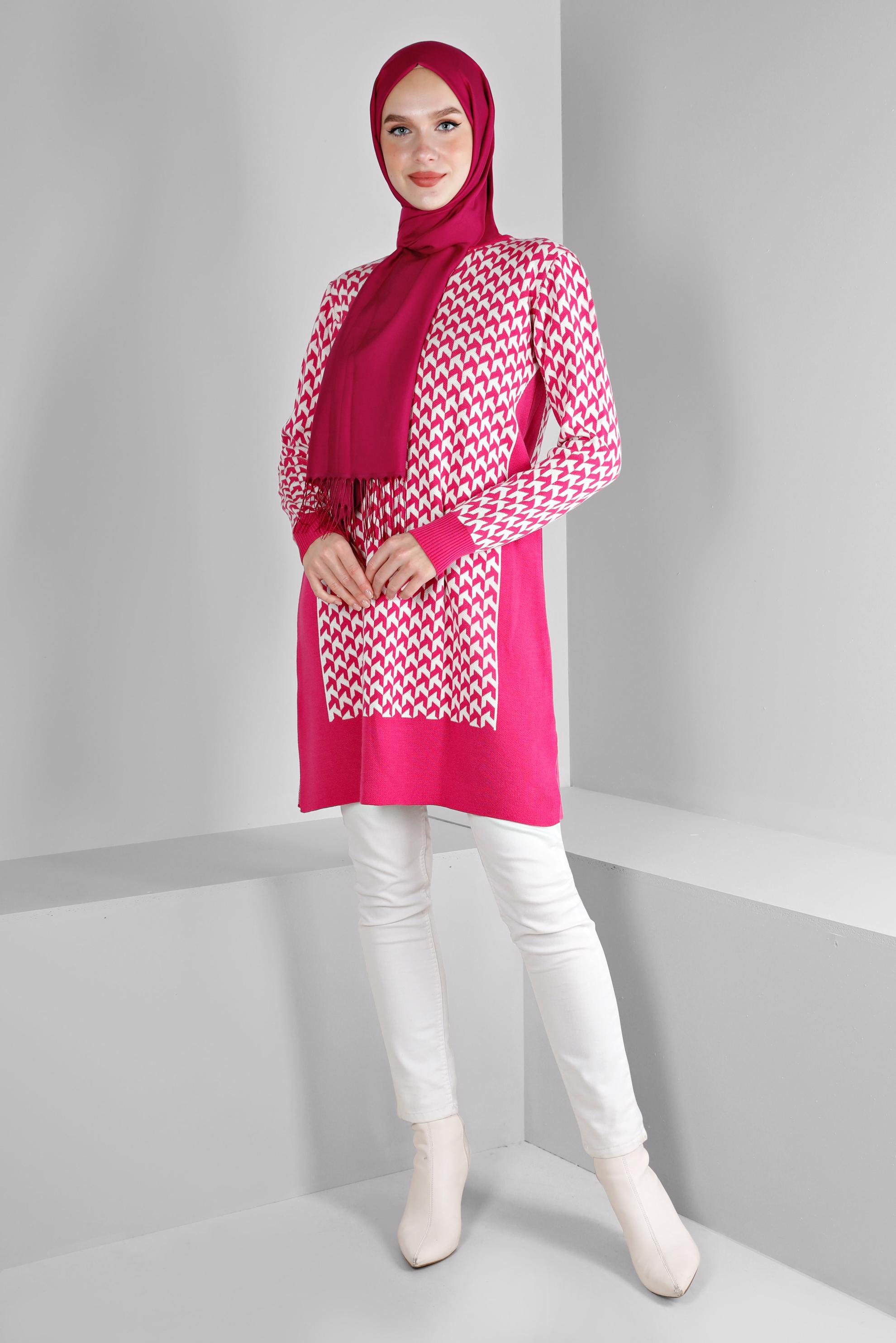 Tesettür giyim FUŞYA DESENLİ TRİKO TUNİK 43174