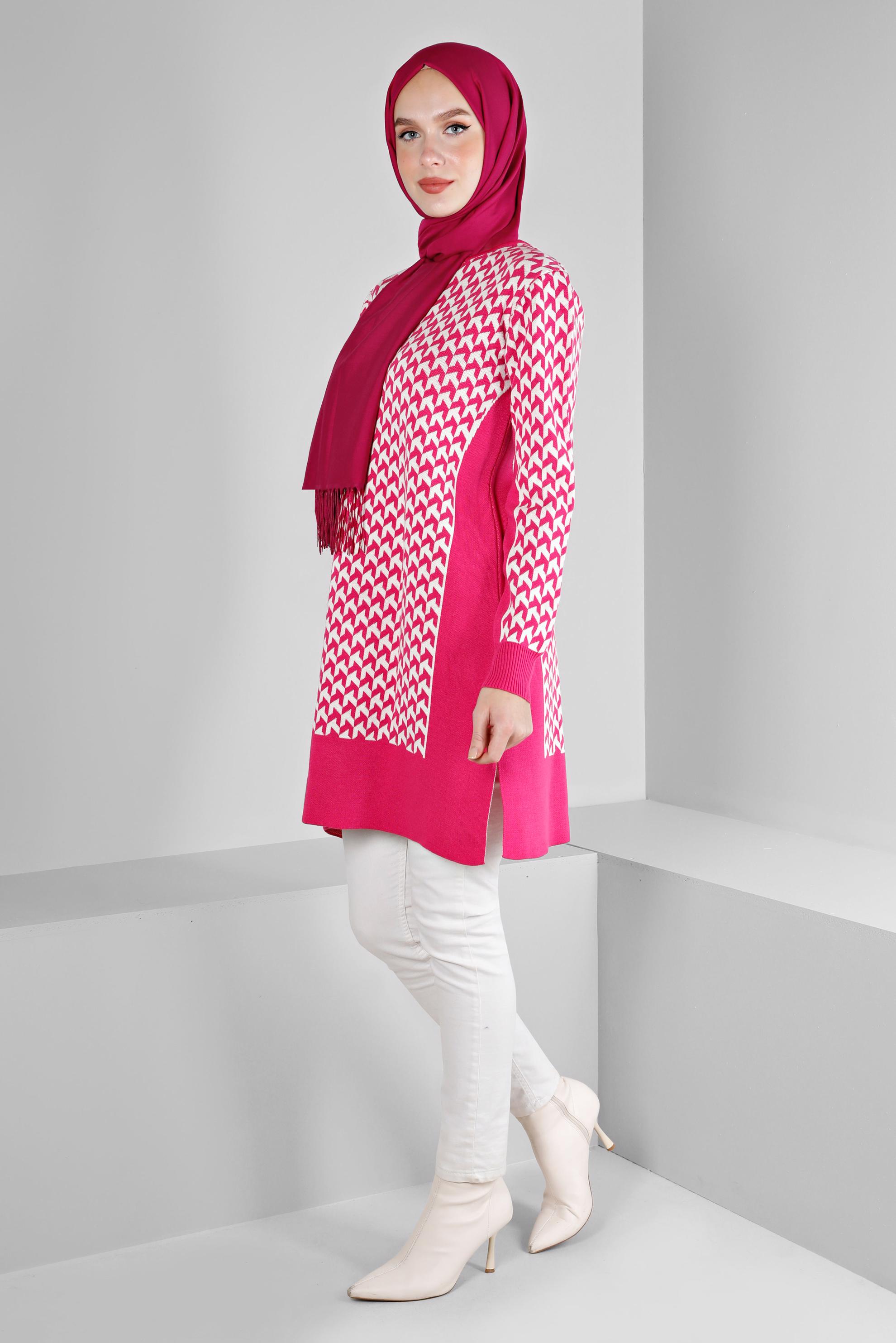 Tesettür giyim FUŞYA DESENLİ TRİKO TUNİK 43174