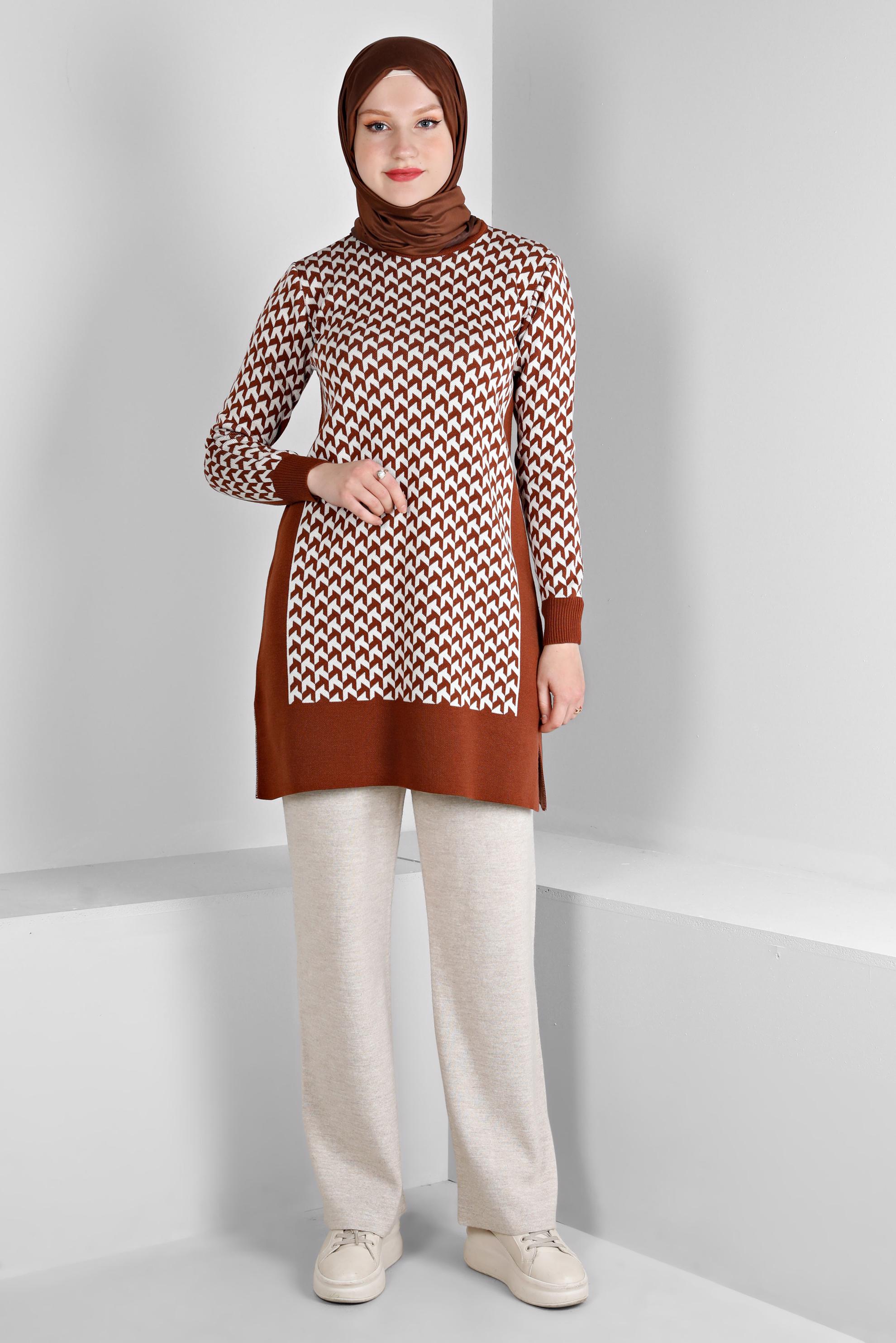 Vêtements hijab BRUN TUNIQUE EN MAILLE À MOTIFS 43174