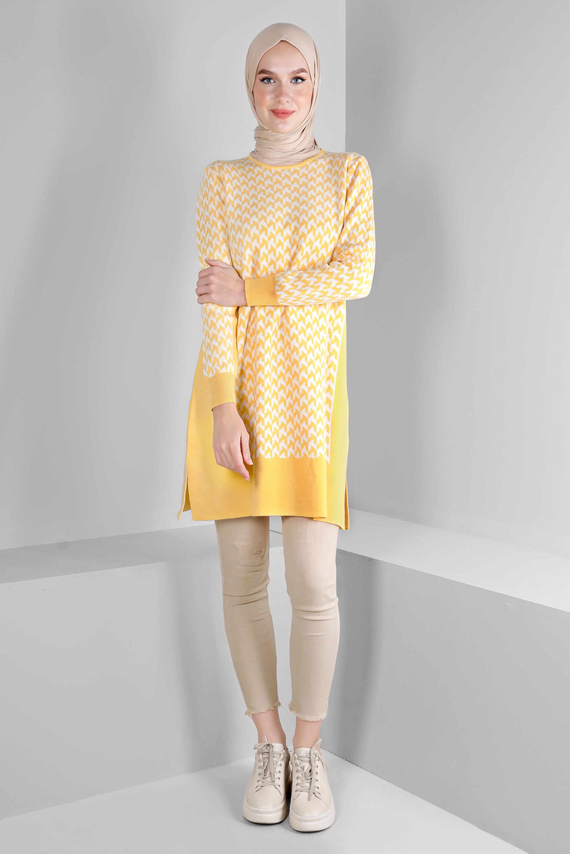 Tesettür giyim SARI DESENLİ TRİKO TUNİK 43174