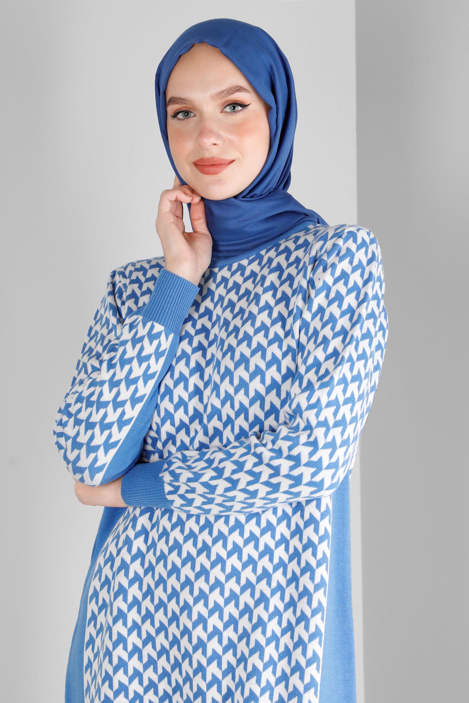 Tesettür giyim MAVİ DESENLİ TRİKO TUNİK 43174