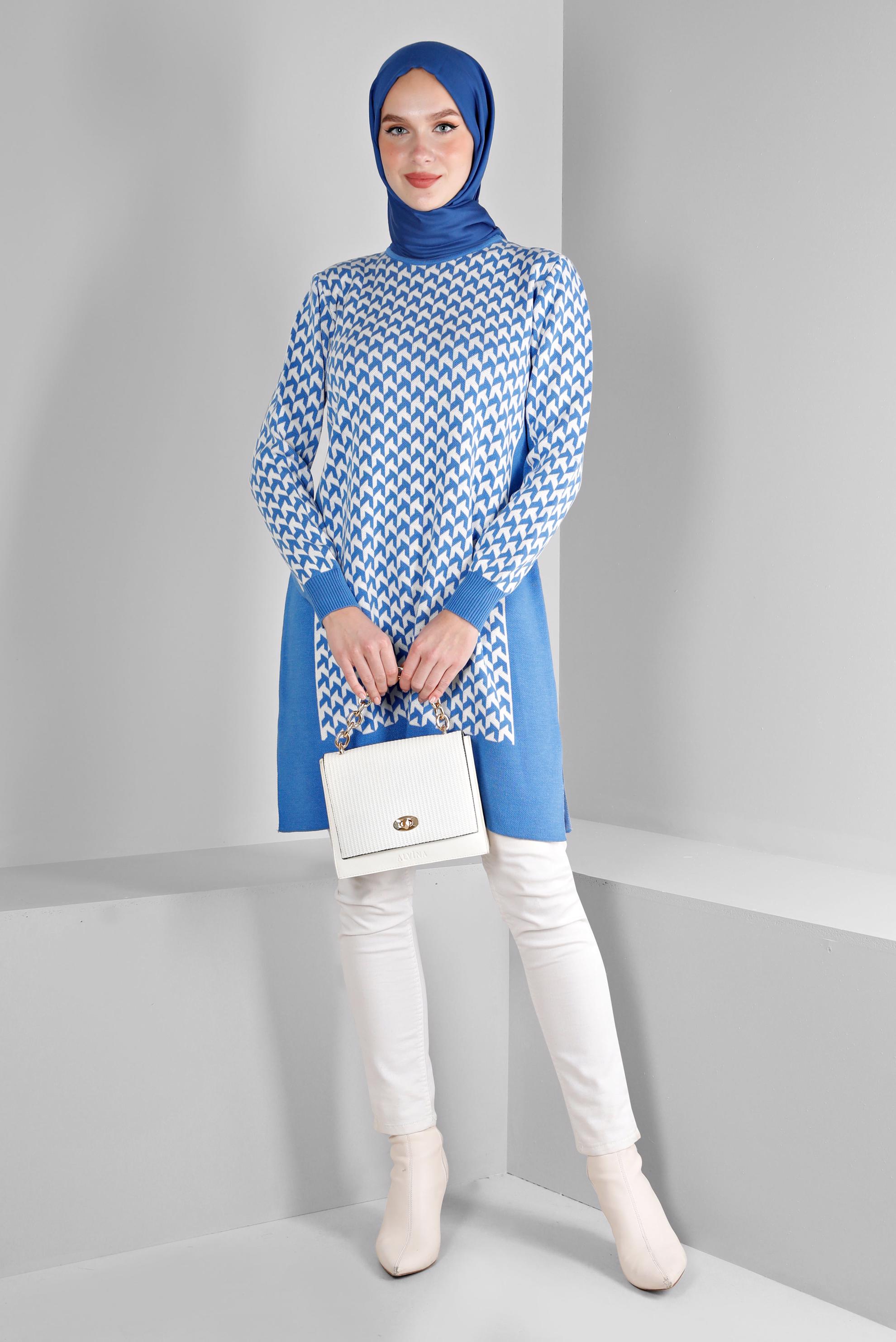 Tesettür giyim MAVİ DESENLİ TRİKO TUNİK 43174