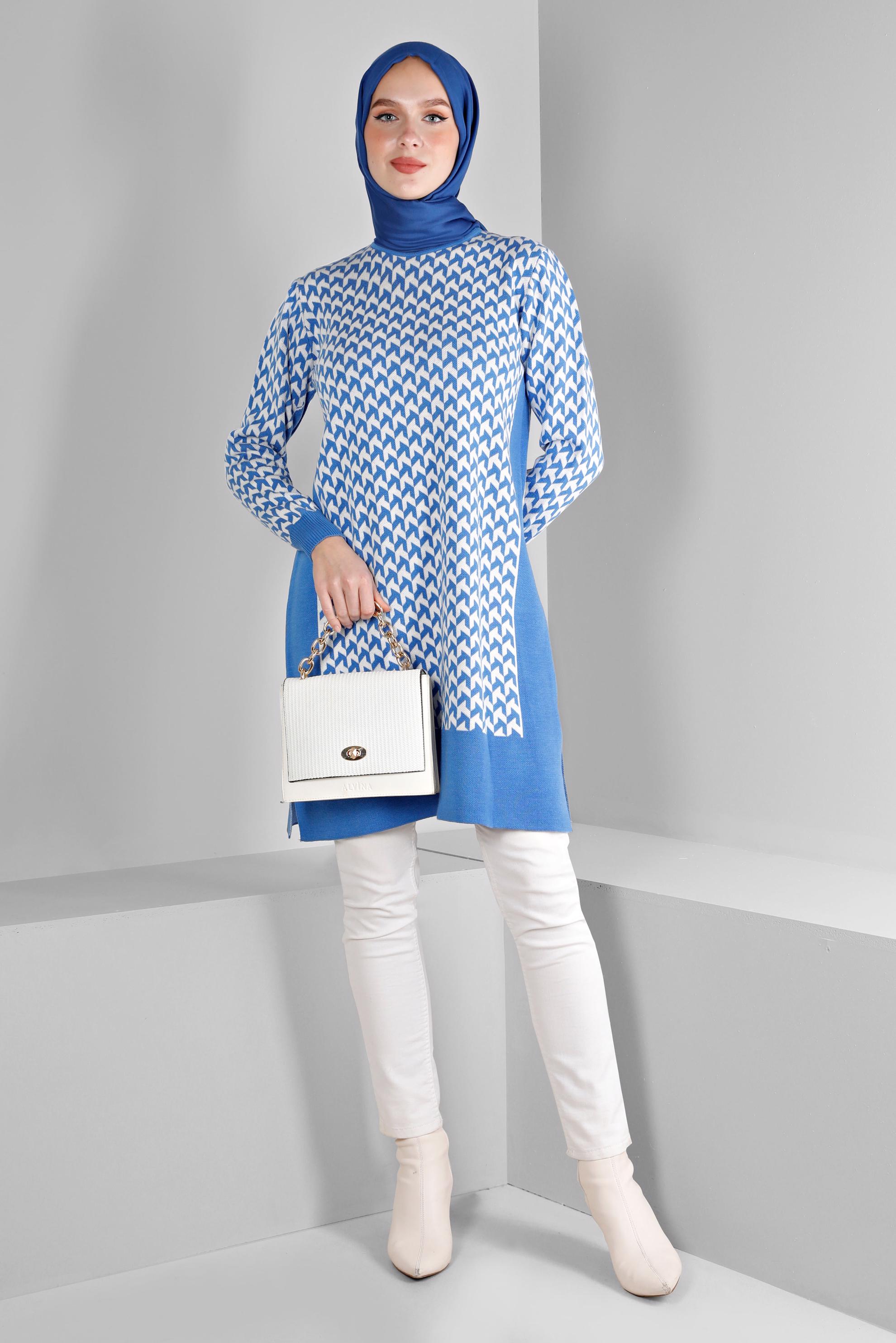 Tesettür giyim MAVİ DESENLİ TRİKO TUNİK 43174